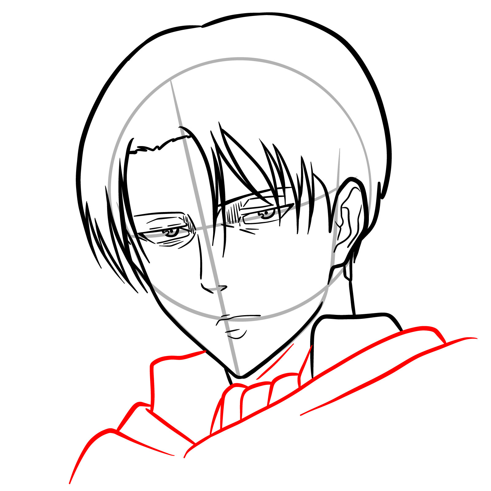Adding Captain Levi's uniform details to the face drawing guide - step 13