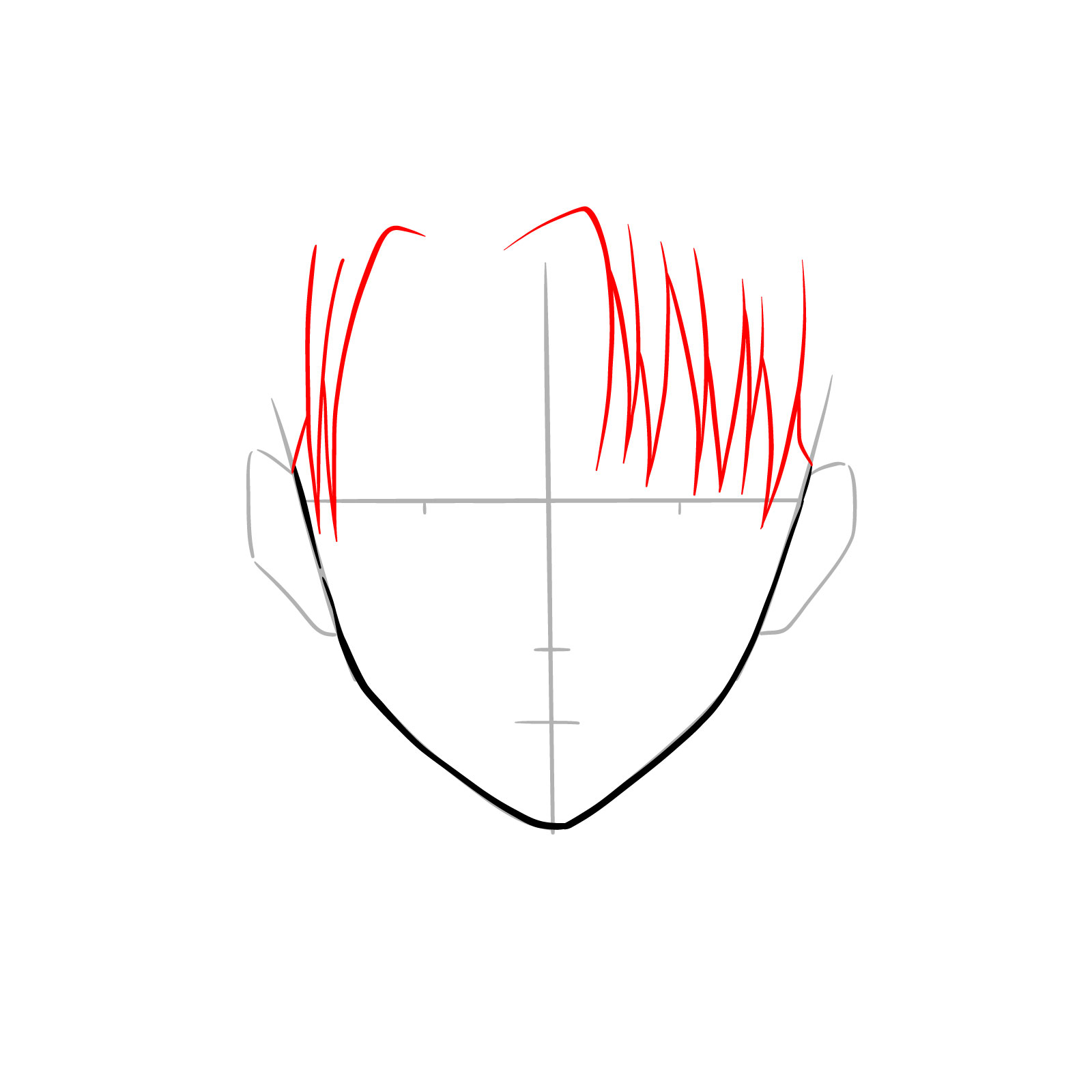 Forehead hair detailing in the front view drawing of Levi - step 04
