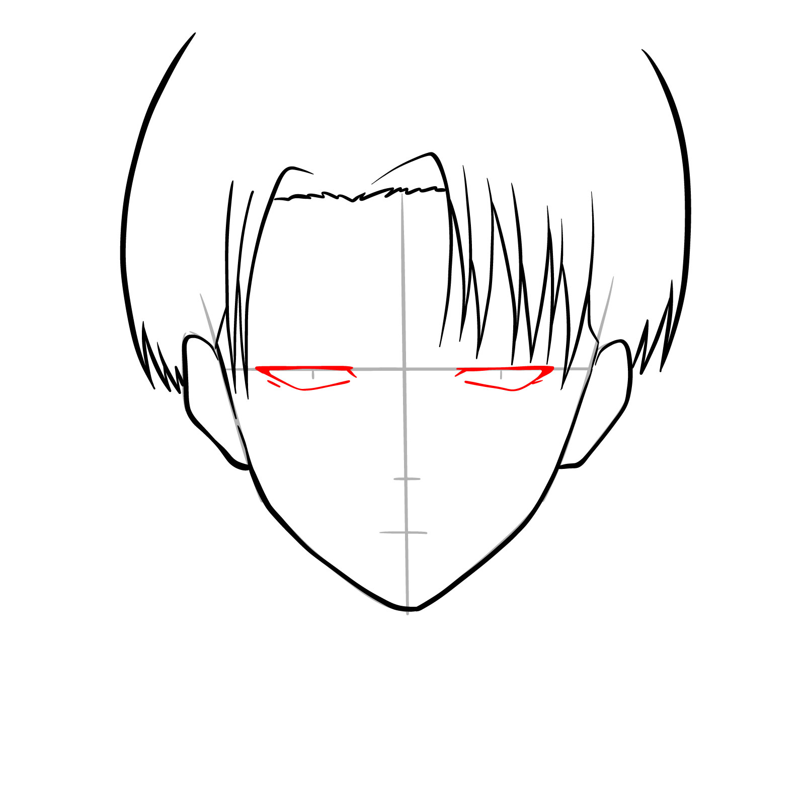 Outlining the eyes in the front view drawing guide of Captain Levi - step 07