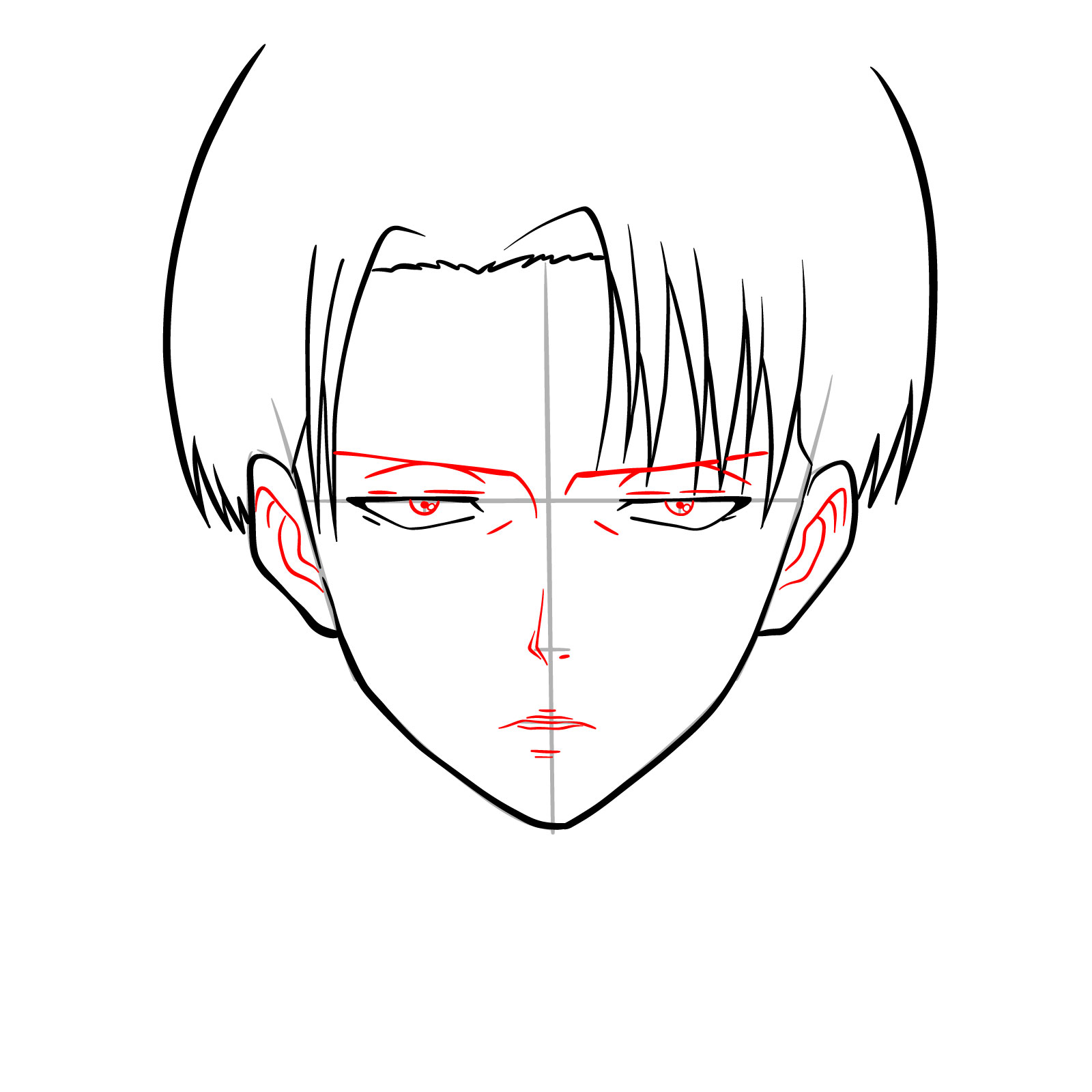 Detailed facial features added to the front view of Levi Ackerman's face drawing guide - step 08