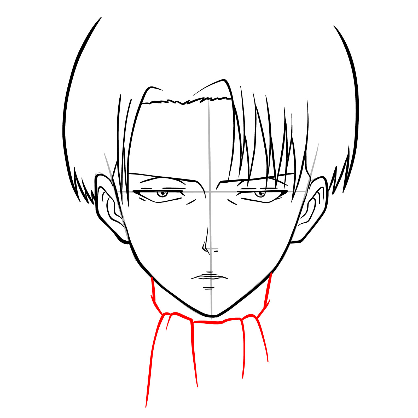 Levi Ackerman's neck and collar beginnings in the drawing guide - step 09