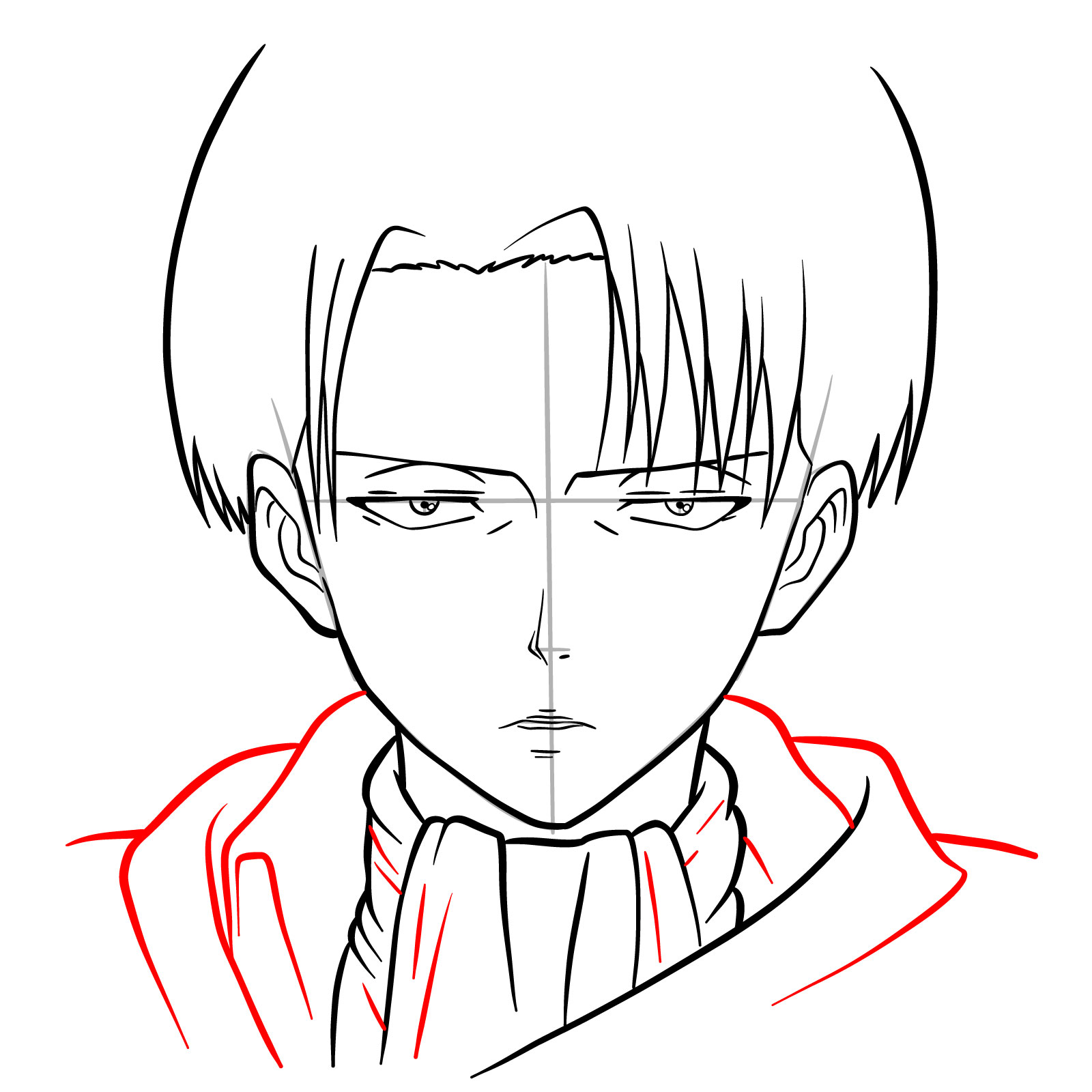 Completing the upper part of Levi Ackerman's uniform in the face drawing guide - step 11