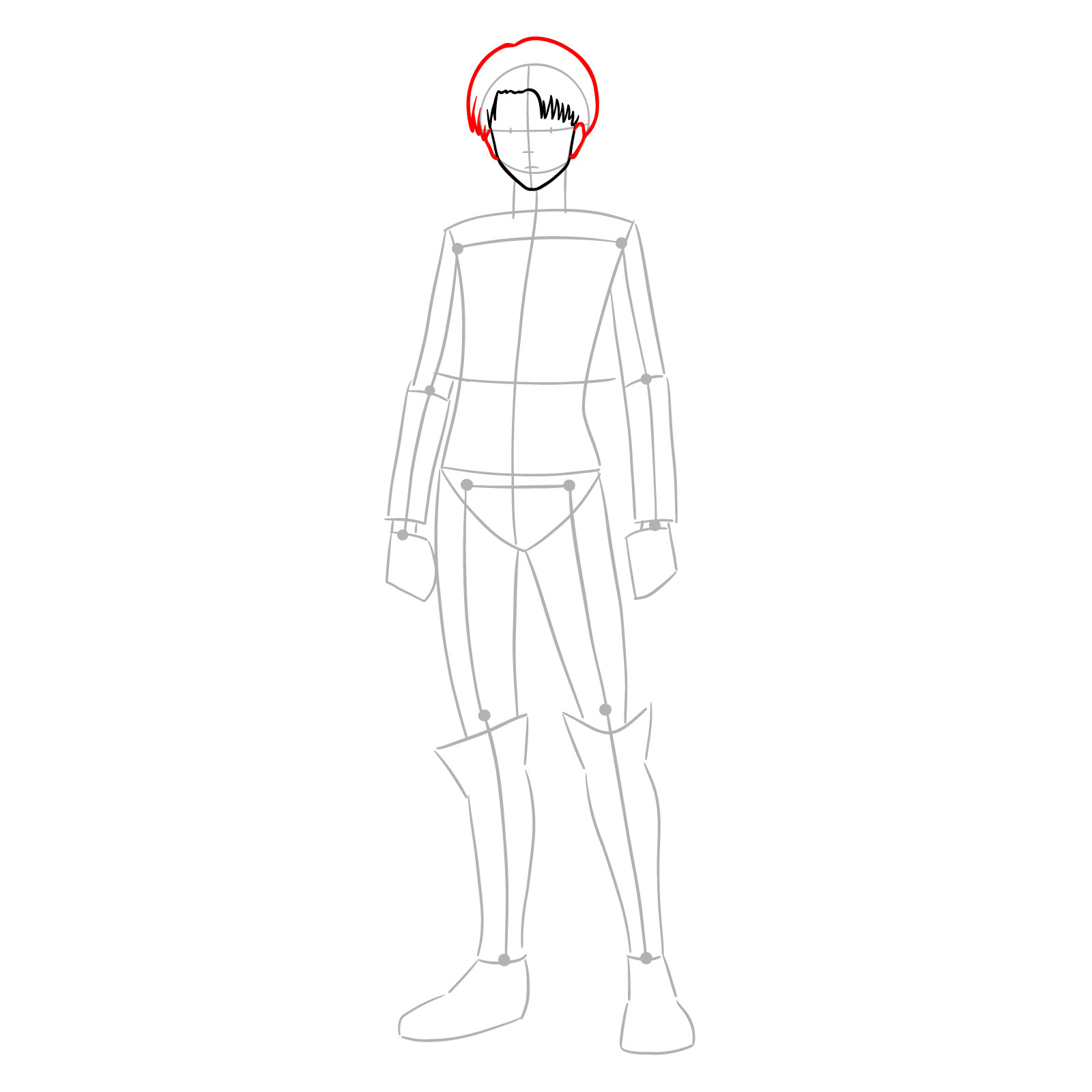 Ear and hair shape detailing in Levi full body drawing guide - step 06