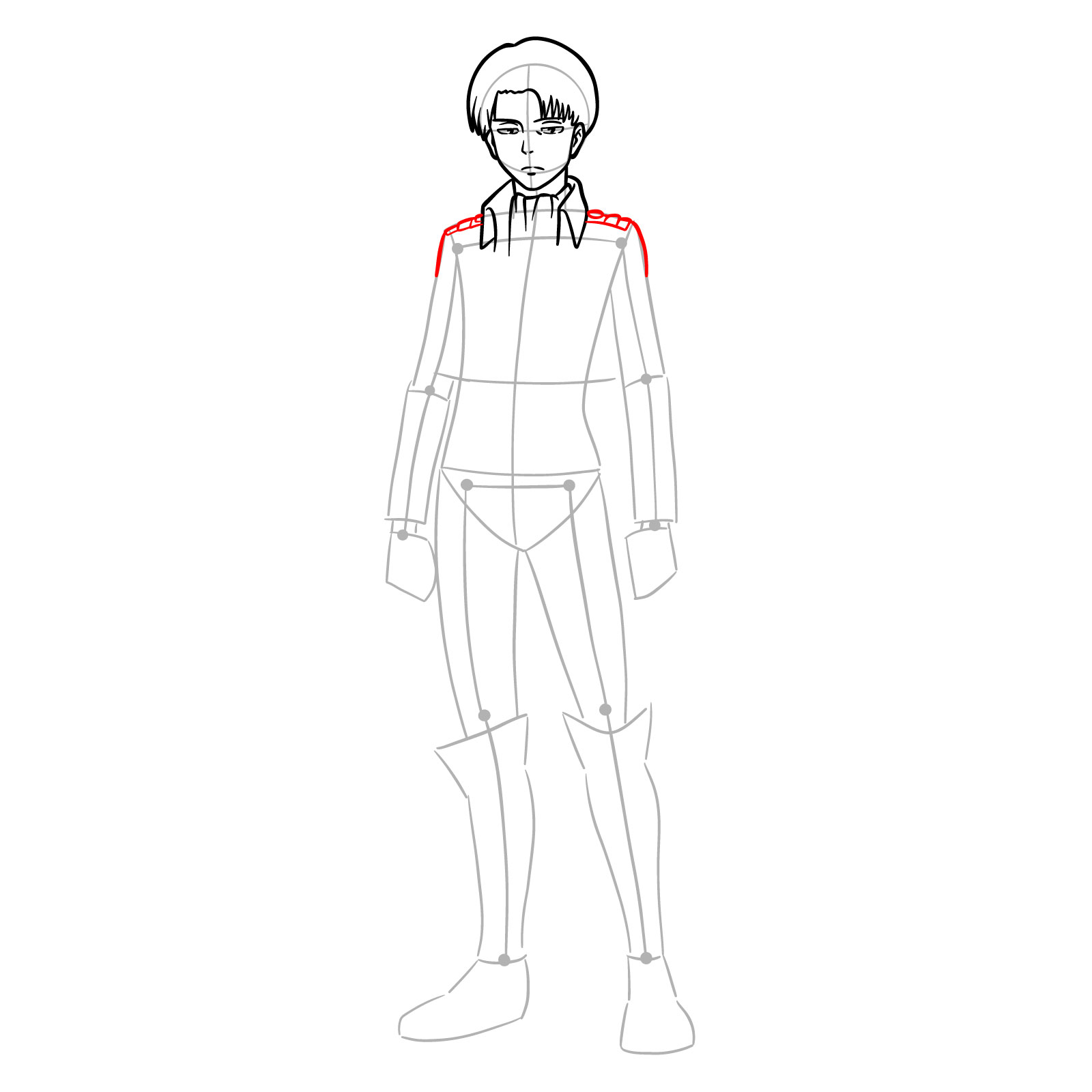 Shoulders and shoulder straps of Levi's uniform in full body sketch - step 11
