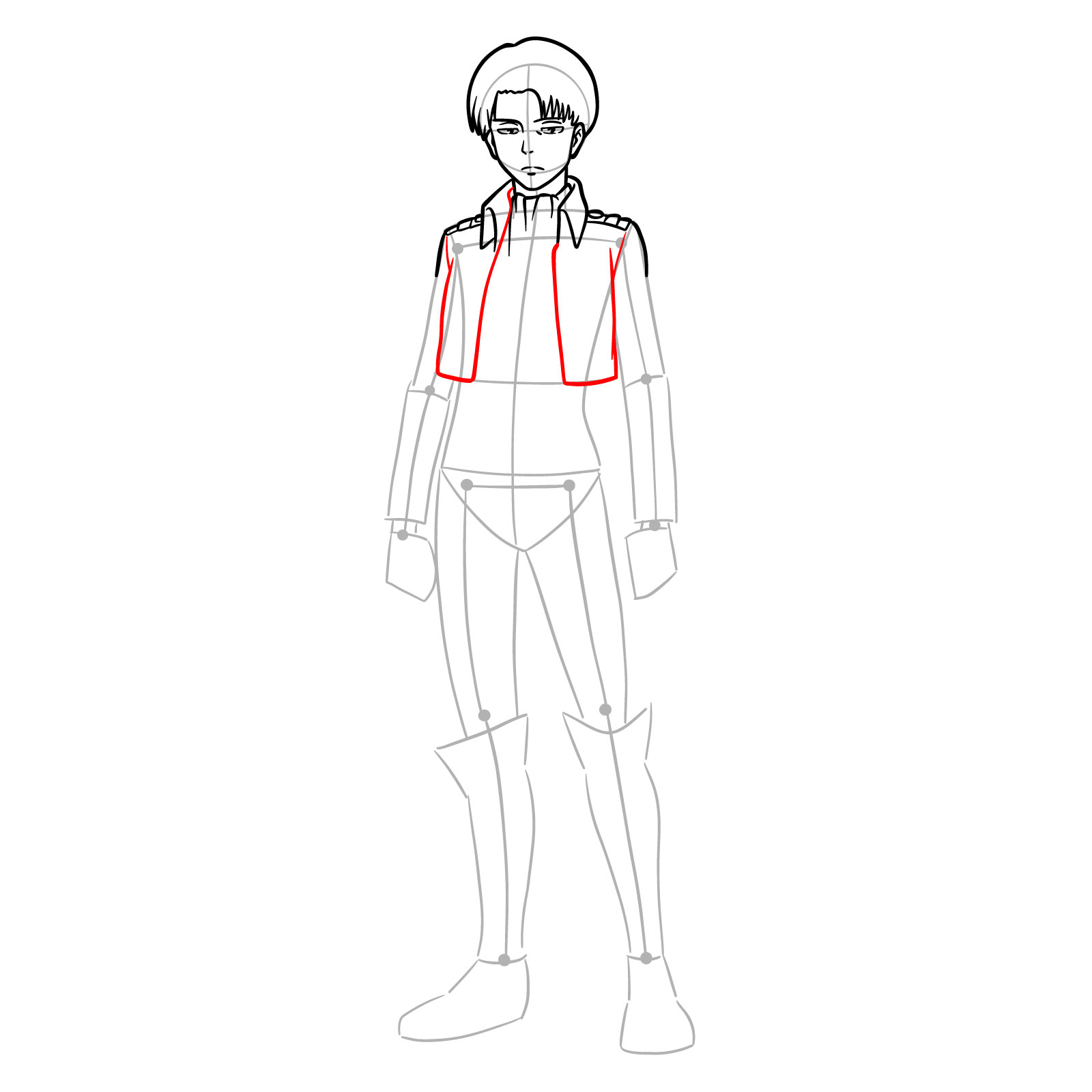 Jacket body outline in the guide for drawing Captain Levi full body - step 12