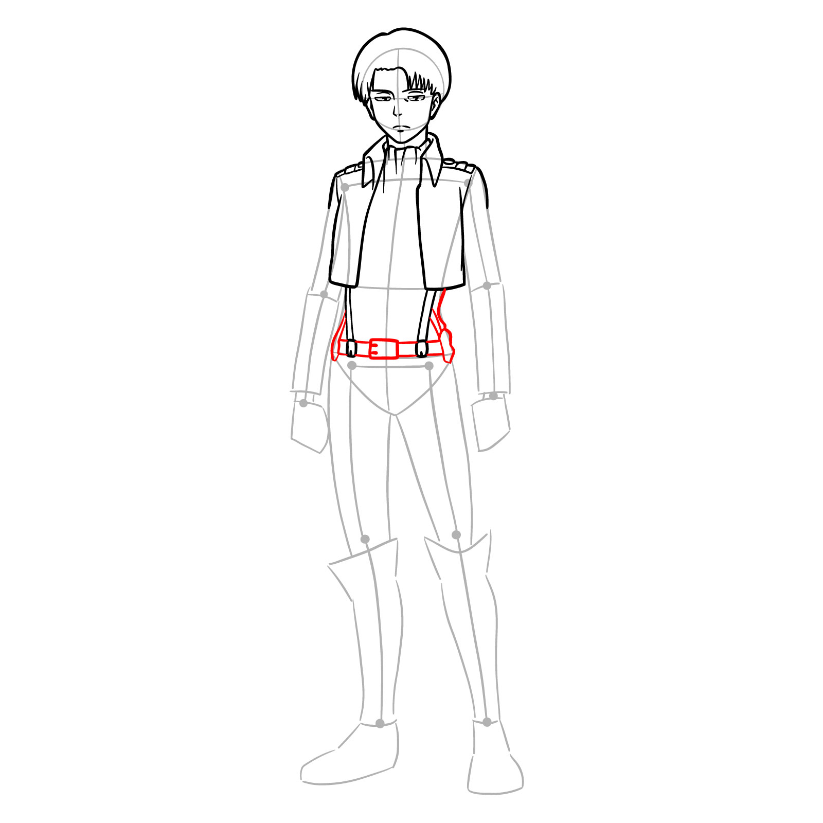 Belt and waist details in Levi Ackerman's full body drawing guide - step 14