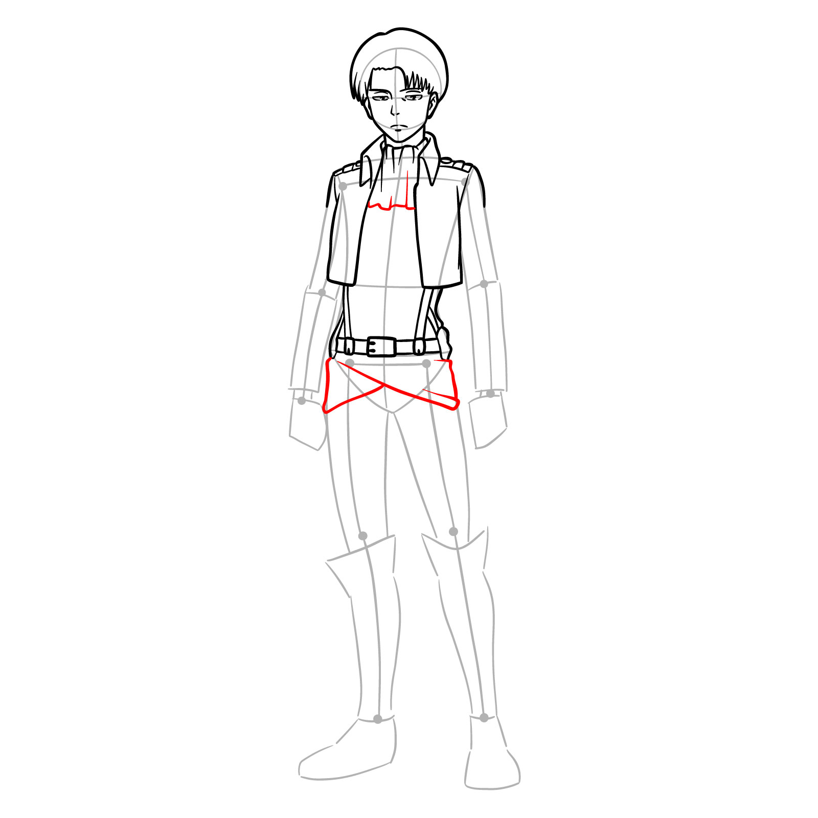 Step-by-step drawing guide for Levi's shirt collar and lower outfit details - step 15