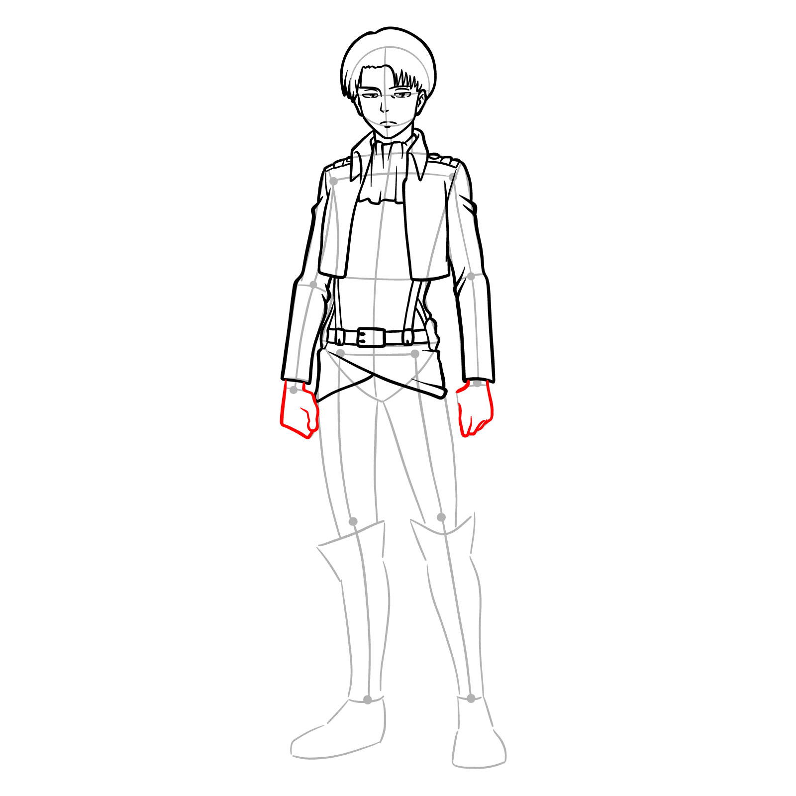Levi full body drawing tutorial focusing on shaping hands - step 17