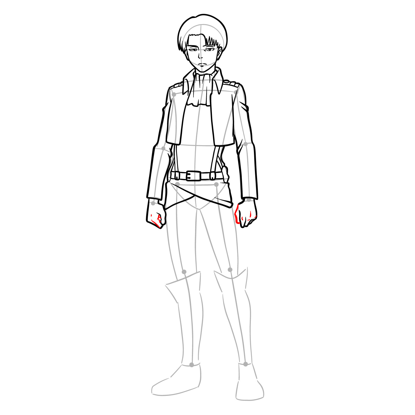 Step-by-step drawing guide for adding details to Captain Levi's hands - step 18