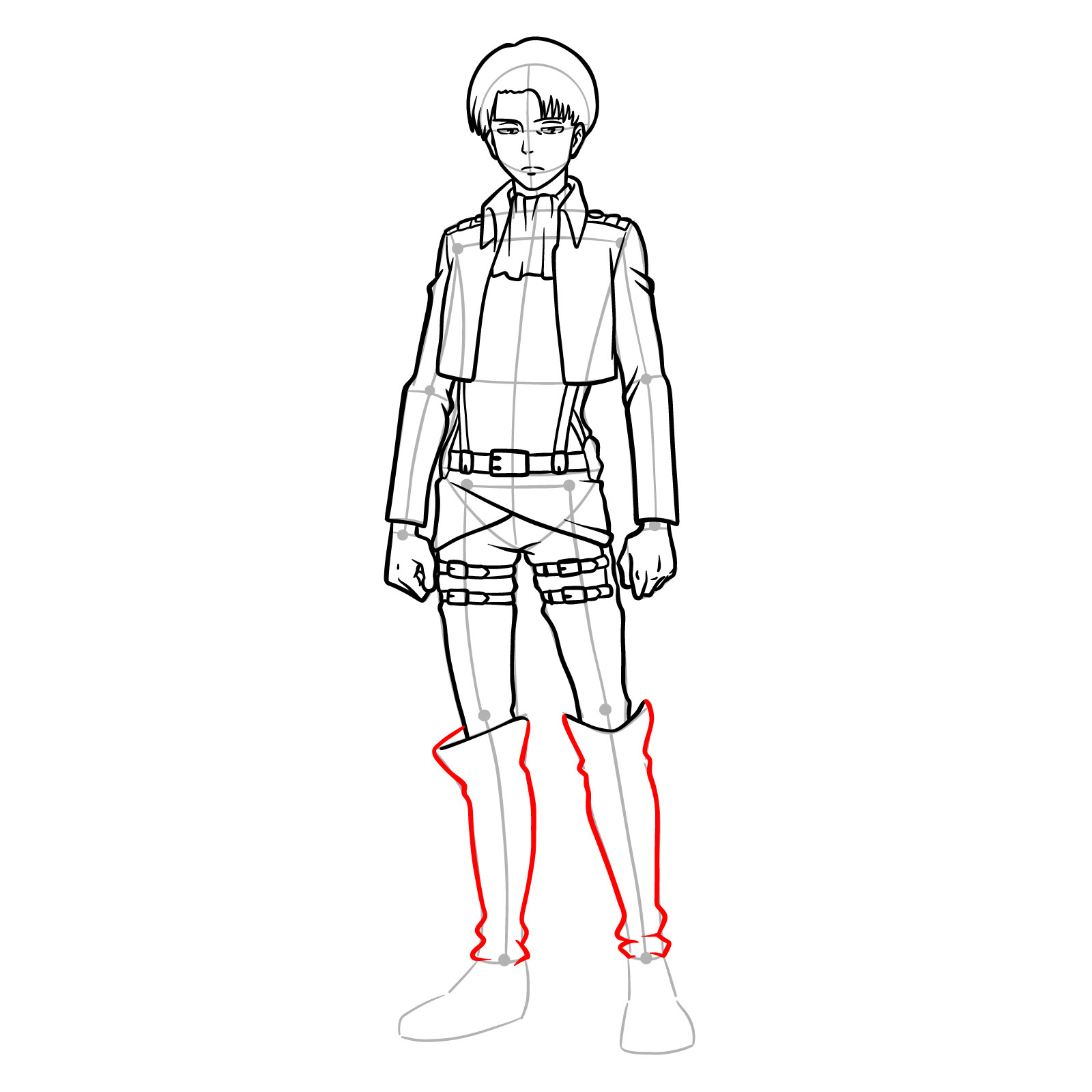 Guide to drawing the upper part of Captain Levi's footwear from knees to ankles - step 21