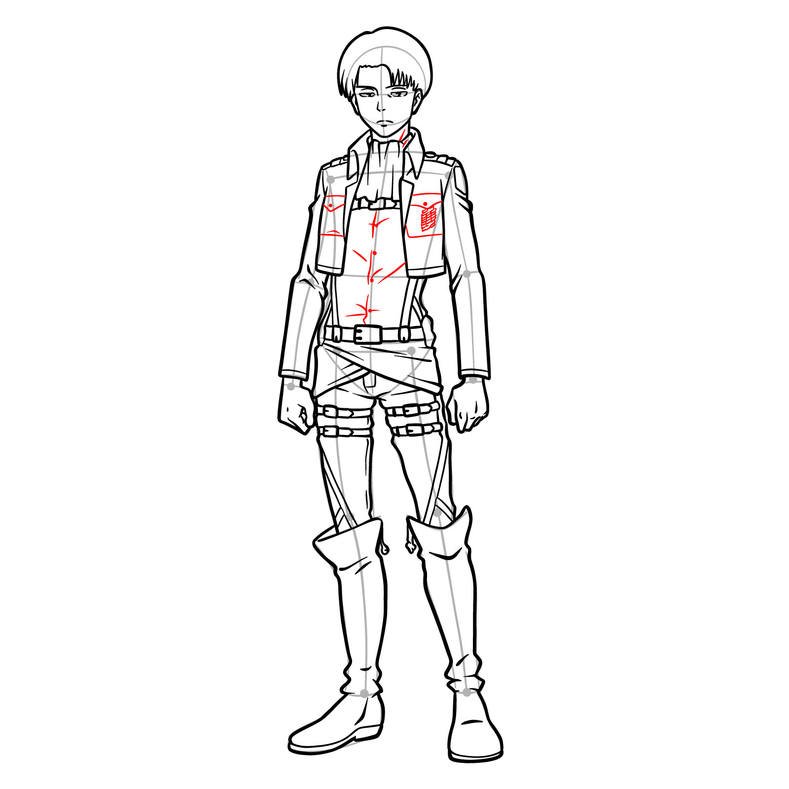 Step-by-step instructions for drawing shirt details and the Survey Corps emblem on Captain Levi - step 25