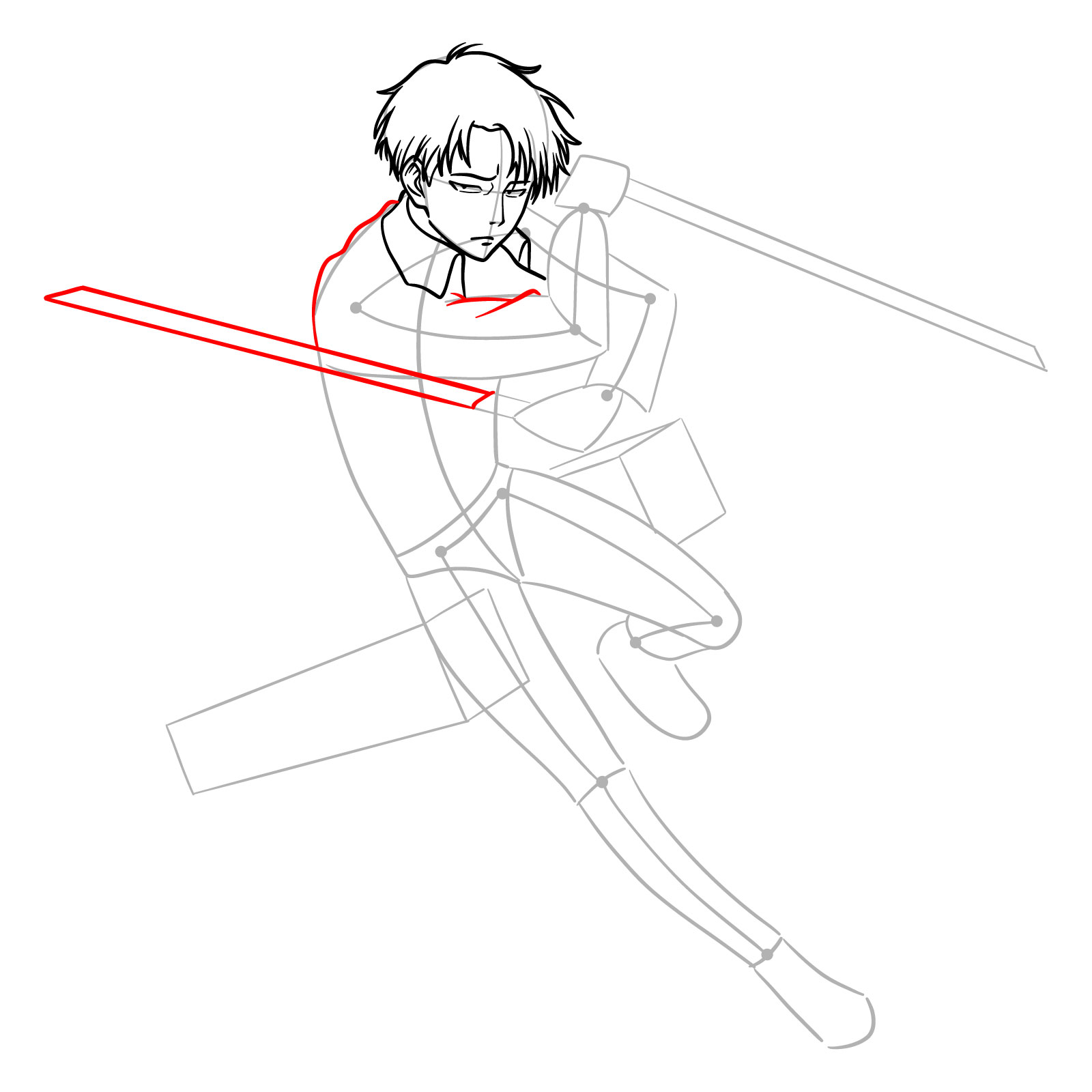 Detailed illustration of Captain Levi's jacket and sword - step 10
