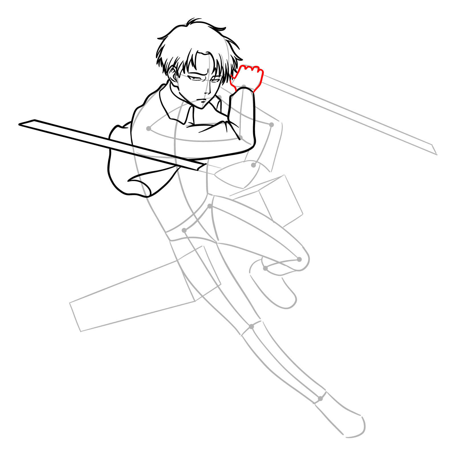 Illustration of Captain Levi's right hand gripping the sword in an action pose - step 12
