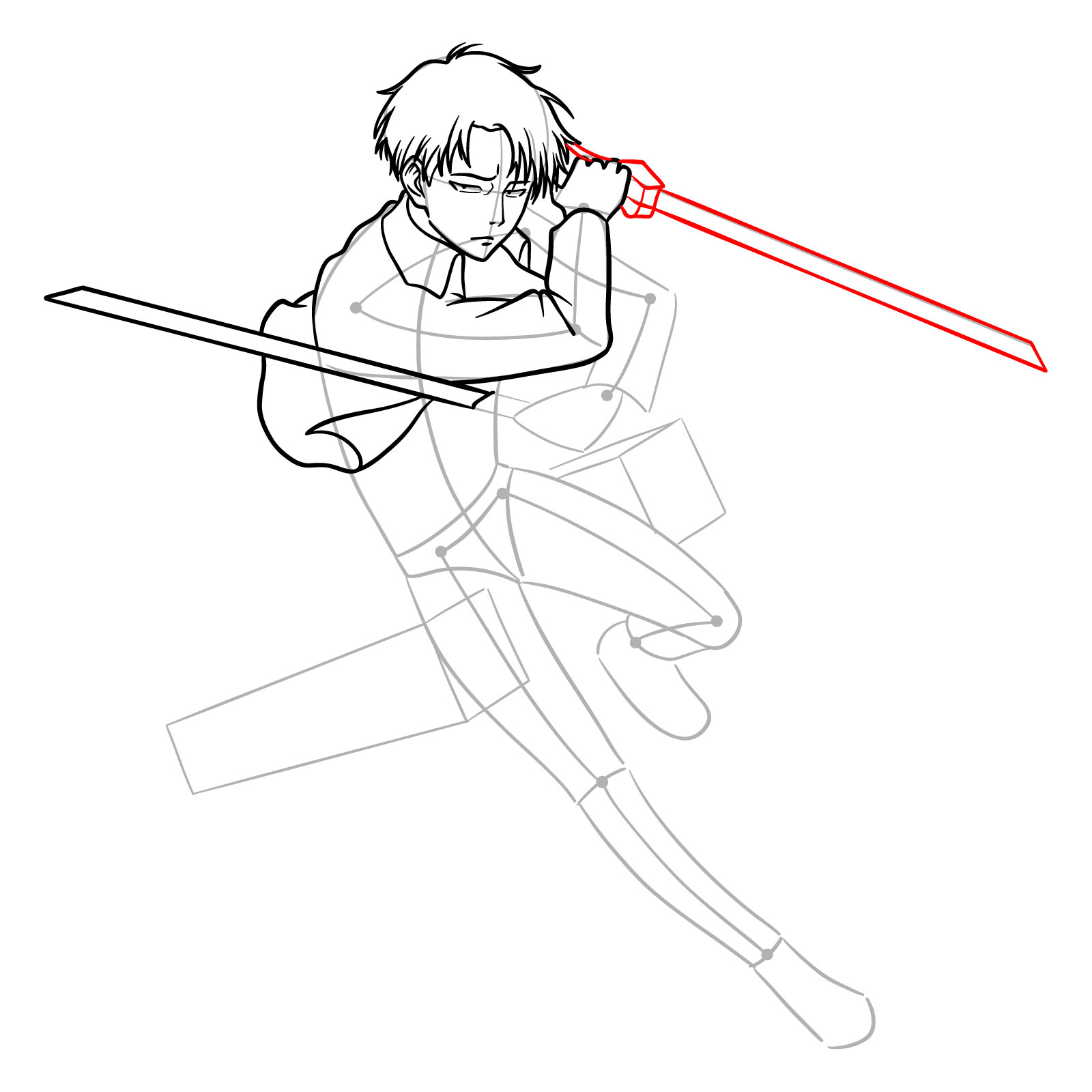 Drawing of Captain Levi's right hand gripping the sword in an action pose - step 13