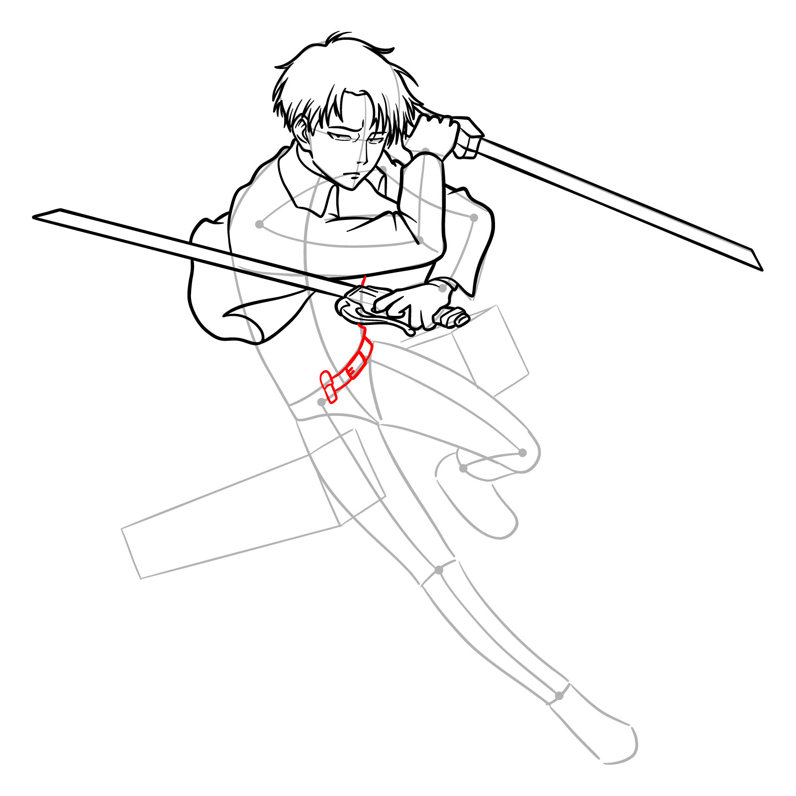 Details of Captain Levi's utility belt and waist in an action pose drawing - step 17