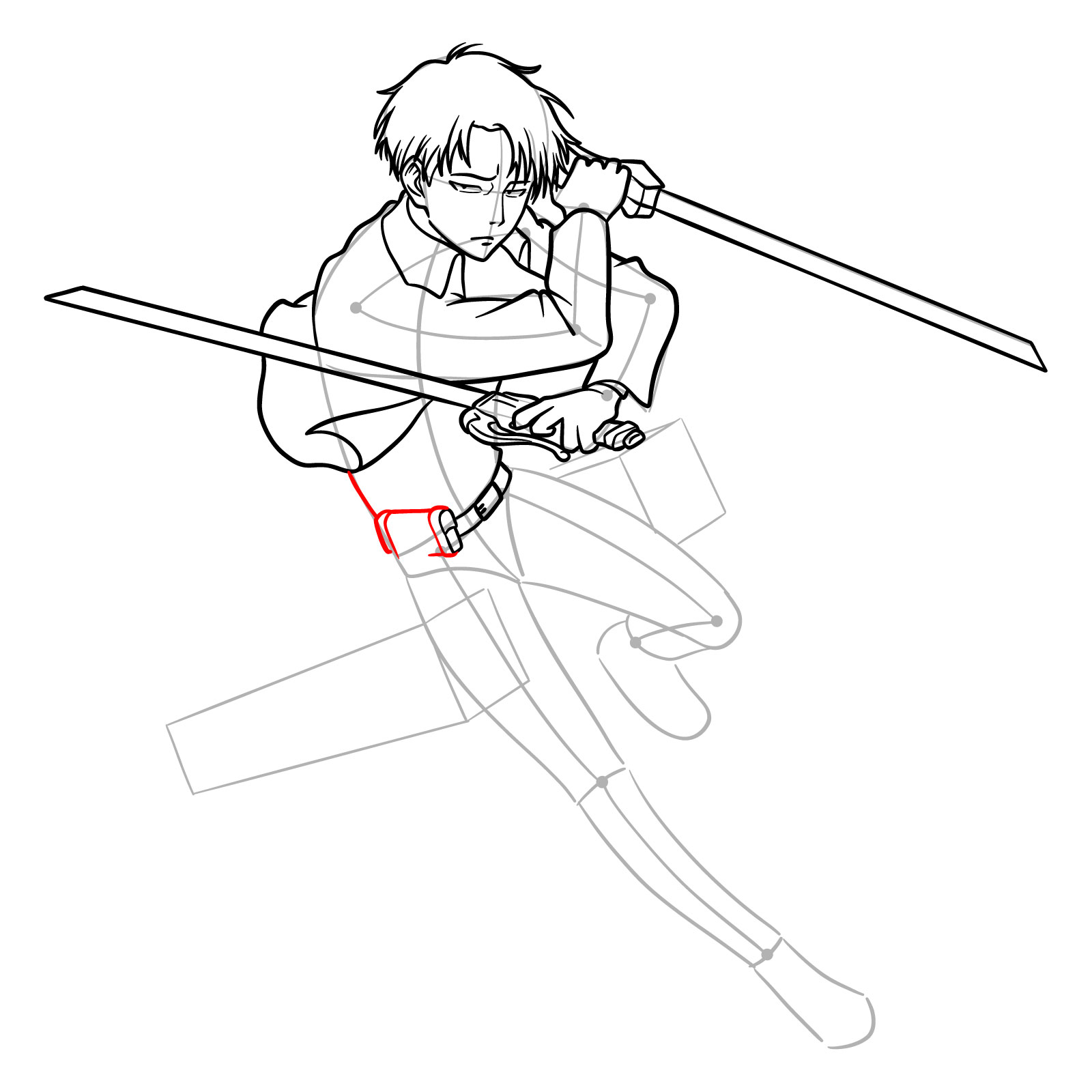Details of Captain Levi's utility belt and waist in an action pose drawing - step 18