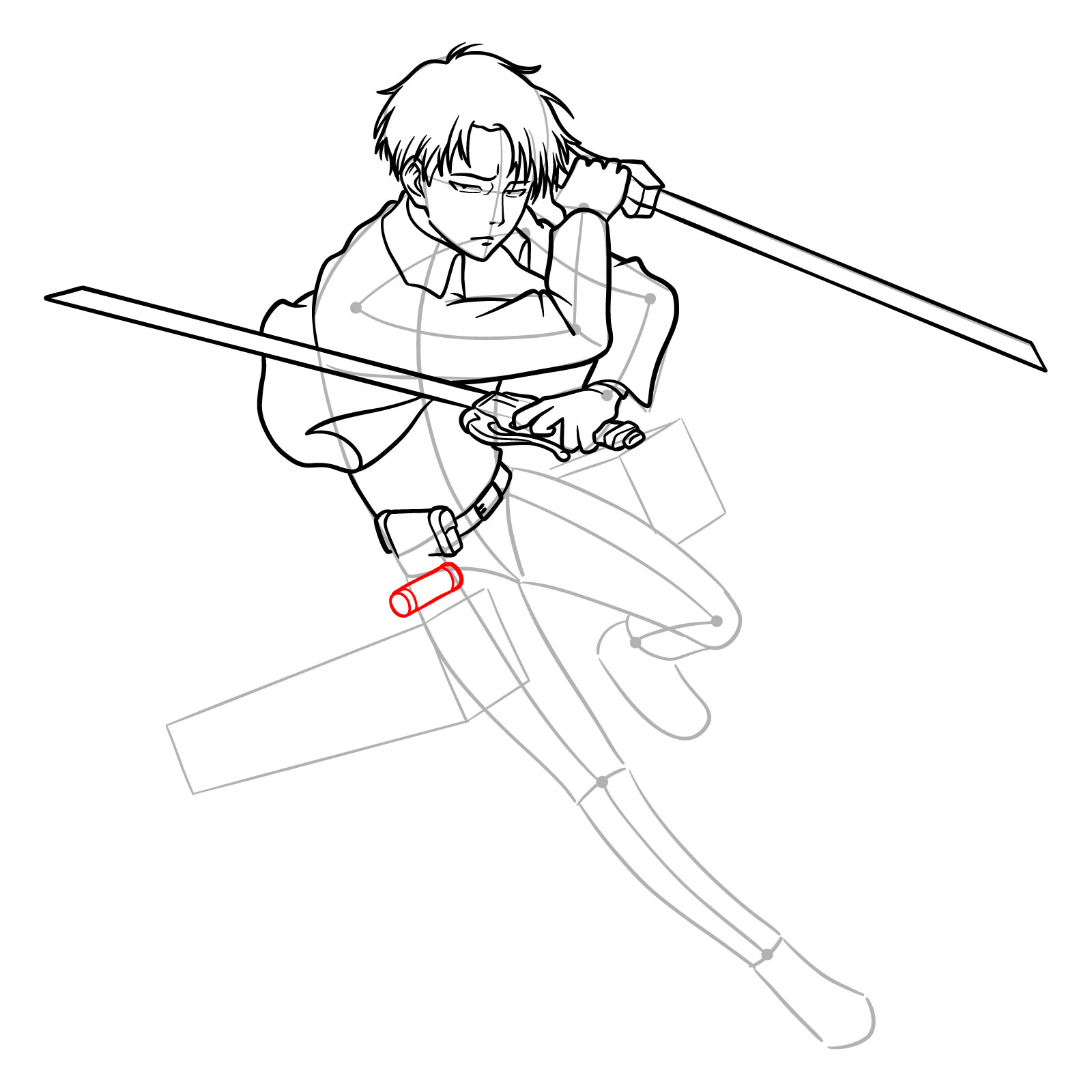 Sequential drawing steps for Captain Levi's ODM gear in an action pose - step 19
