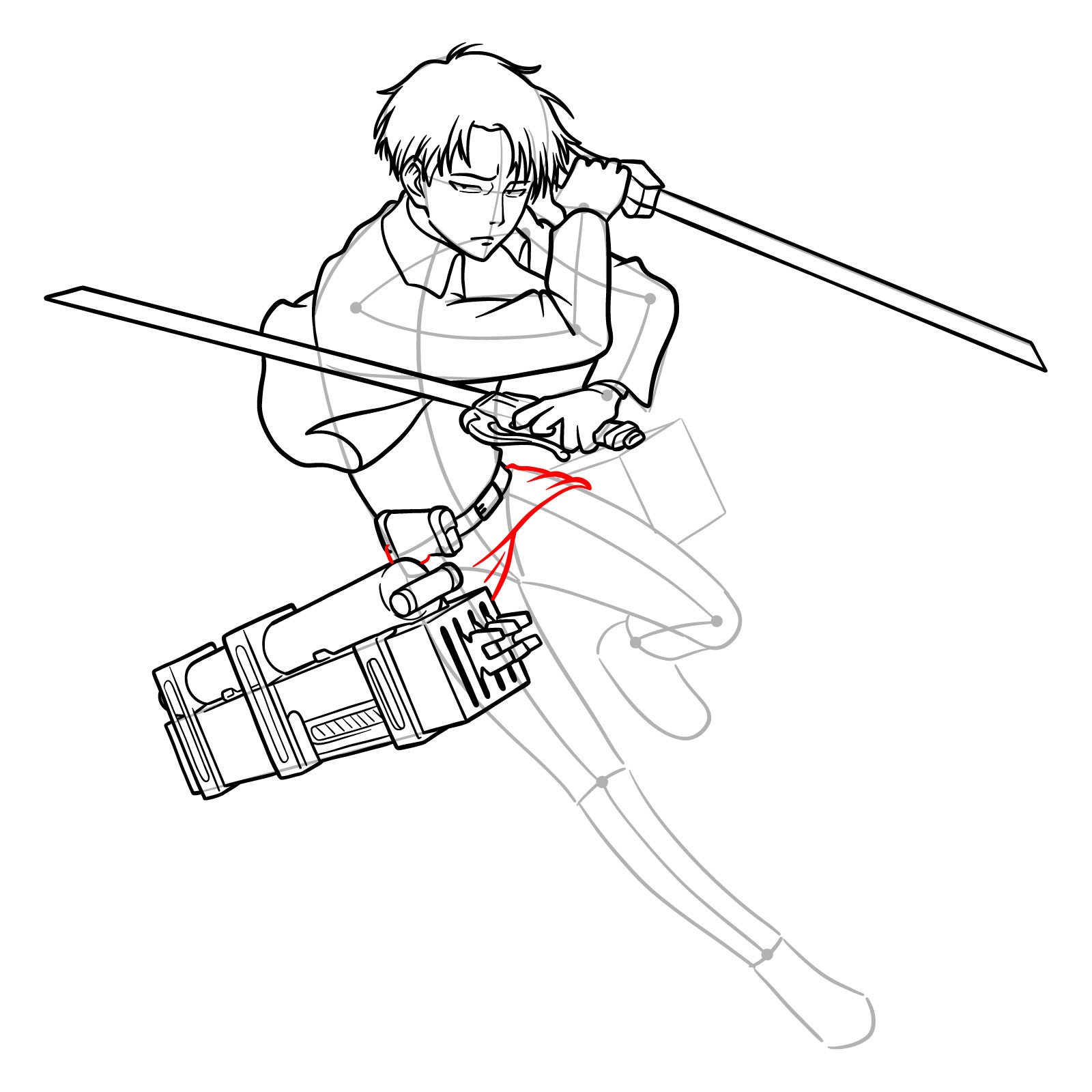 Step-by-step drawing of Captain Levi's legs and uniform details - step 26