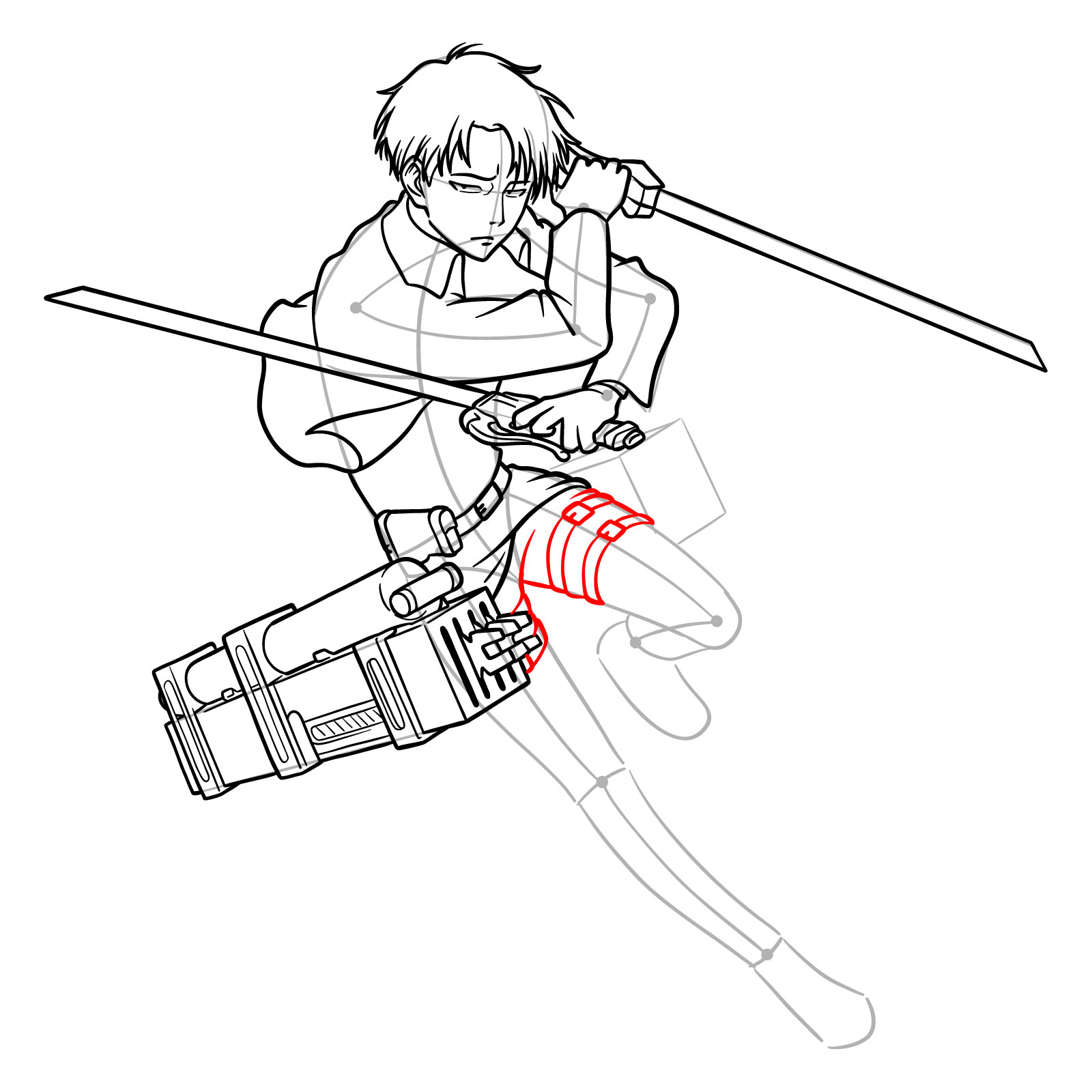 Step-by-step drawing of Captain Levi's legs and uniform details - step 27