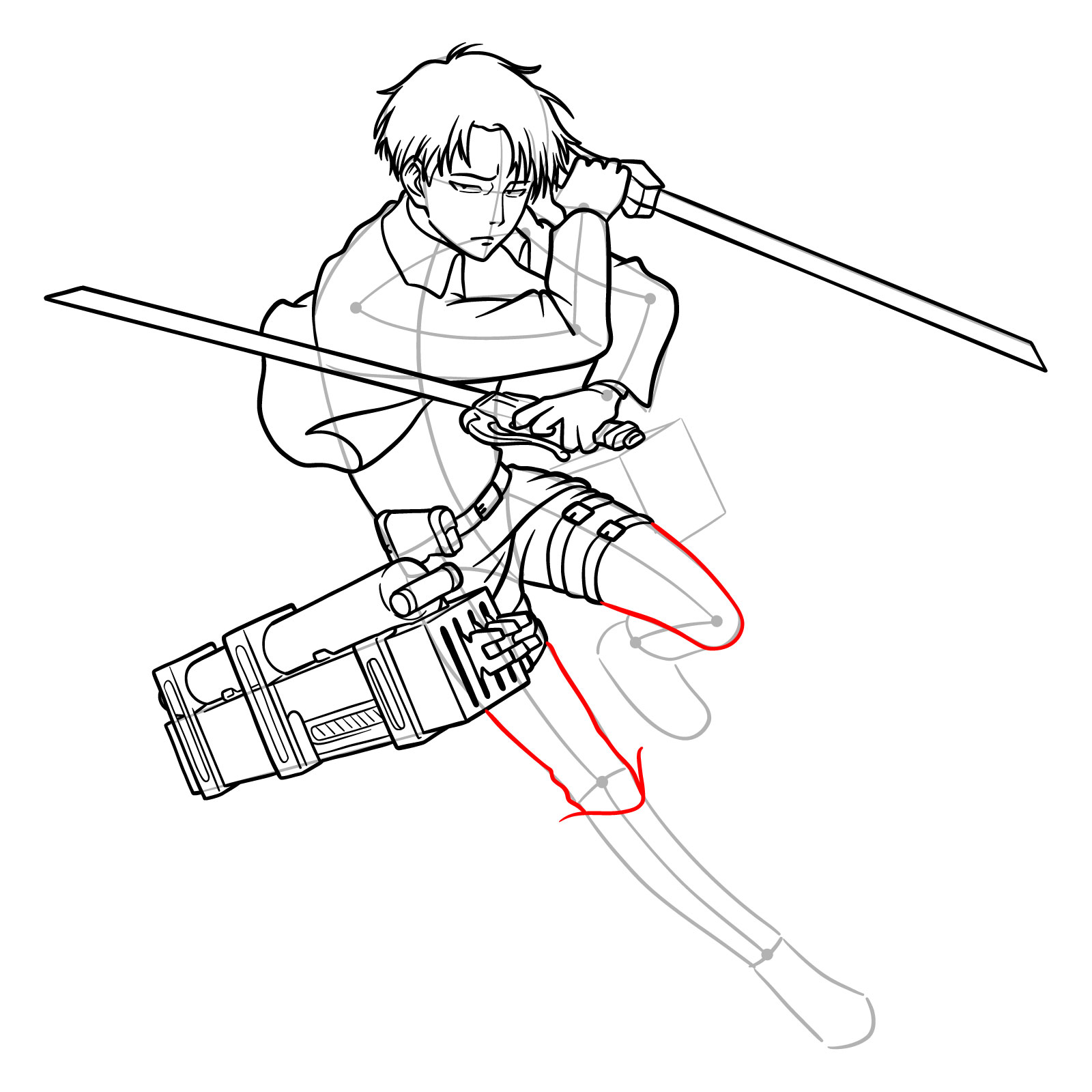 Step-by-step drawing of Captain Levi's legs and uniform details - step 28