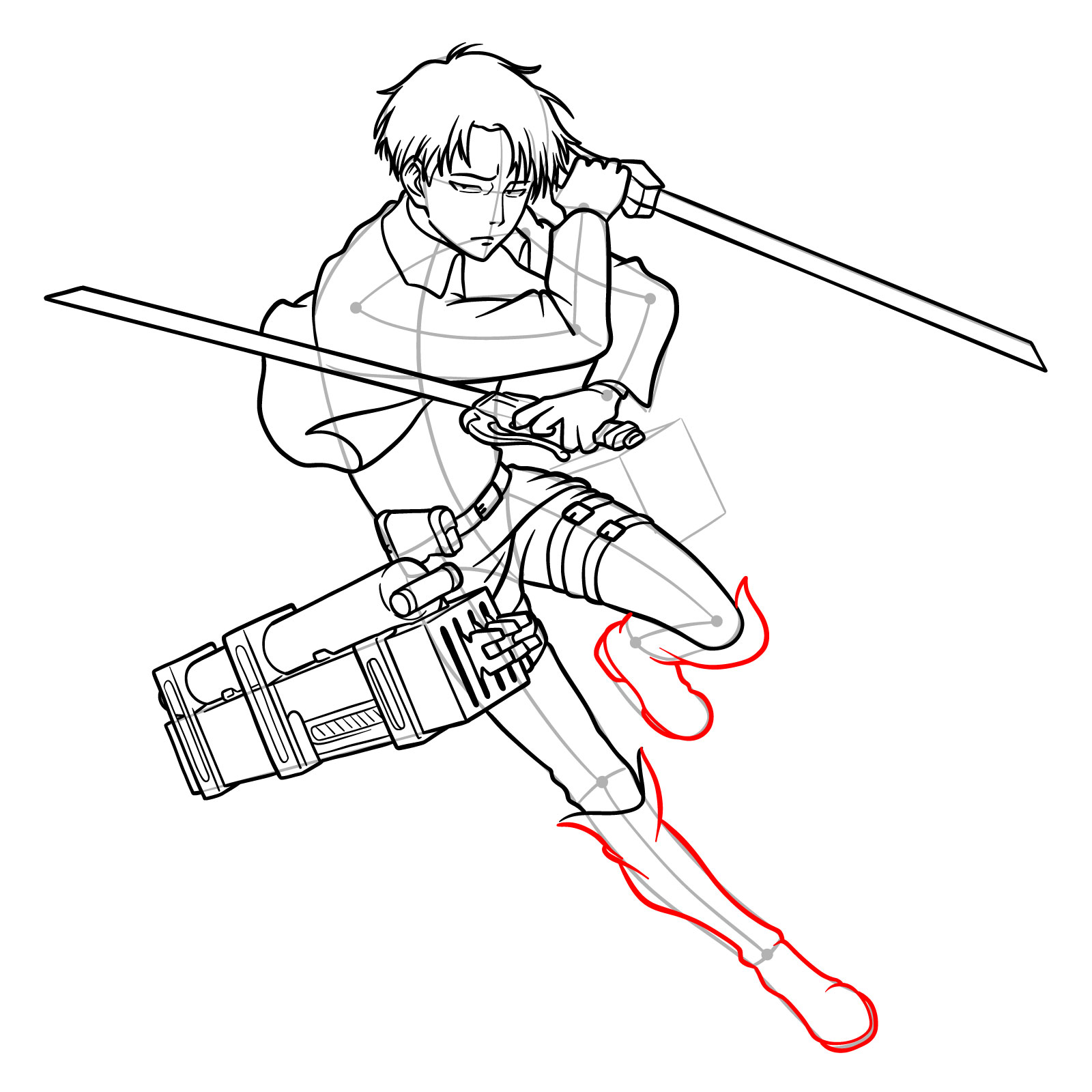 Sketching Captain Levi's footwear in an action pose - step 29