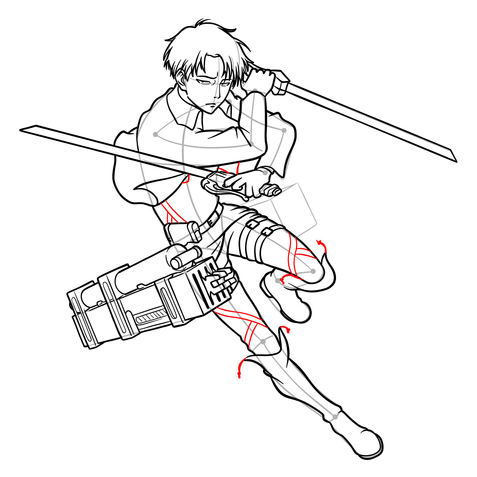 Final detailing of Captain Levi's pants, boots, and jacket in an action drawing - step 30