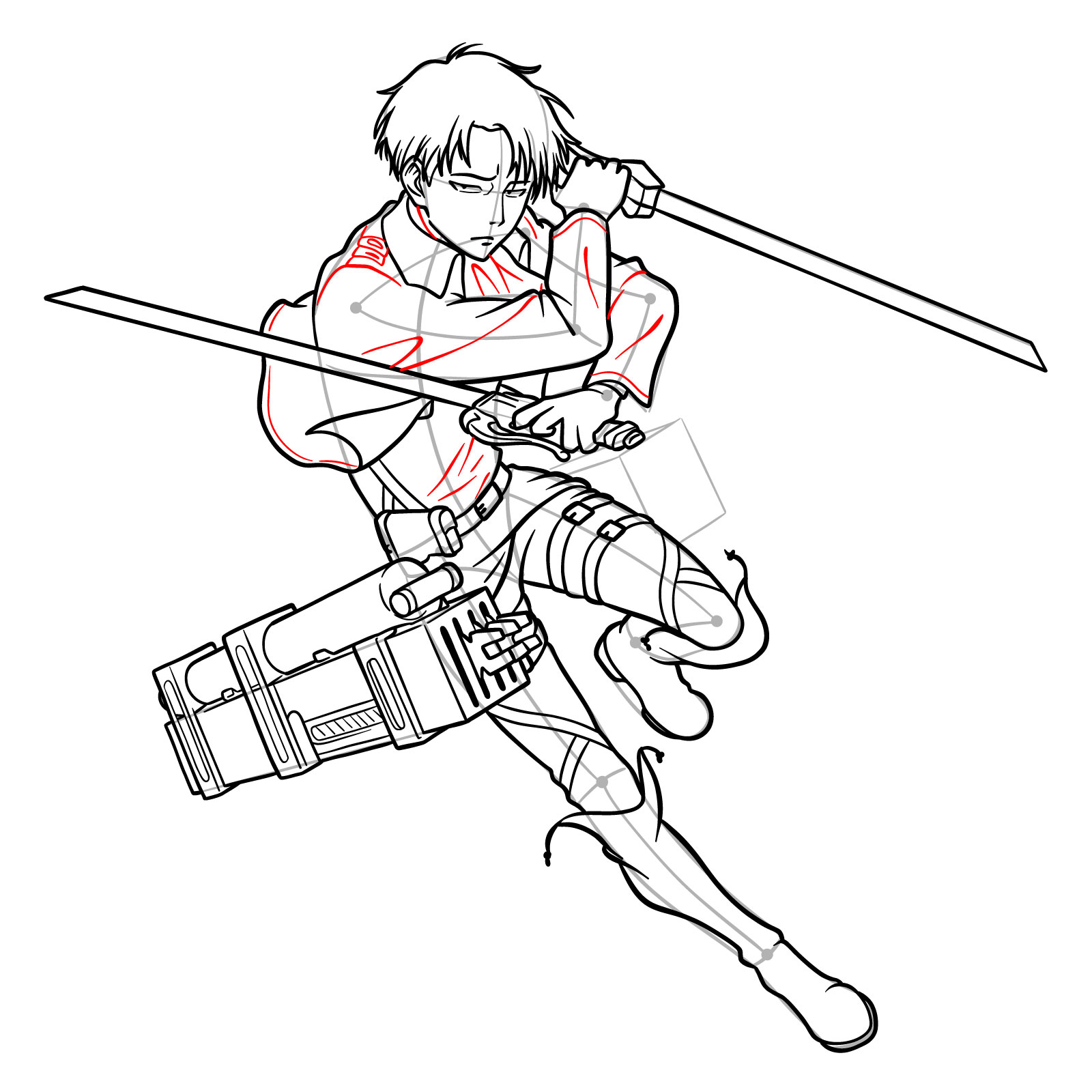 detailing of Captain Levi's pants, boots, and jacket in an action drawing - step 31
