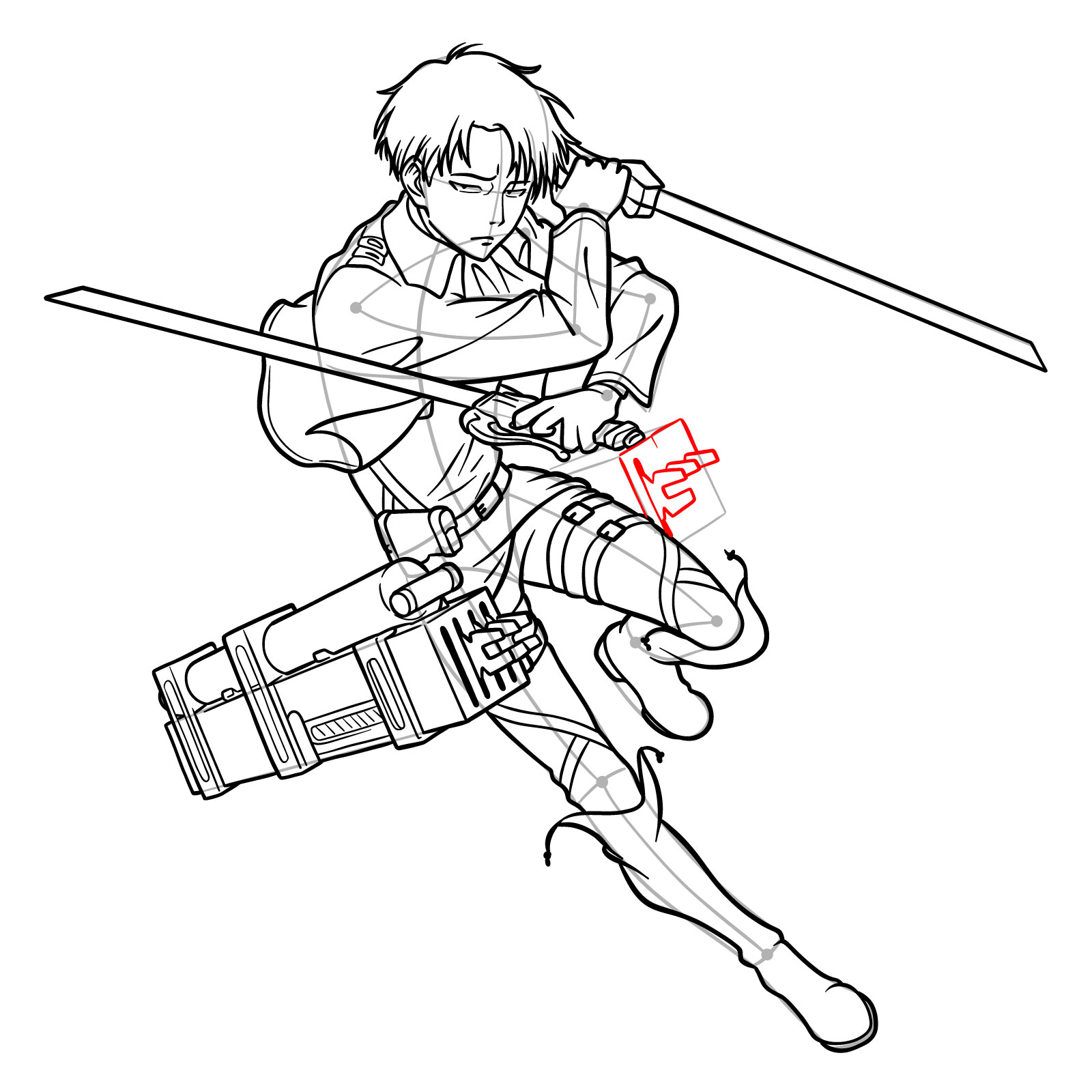 Sequential steps for drawing the second Omni-directional mobility gear on Levi Ackerman - step 32
