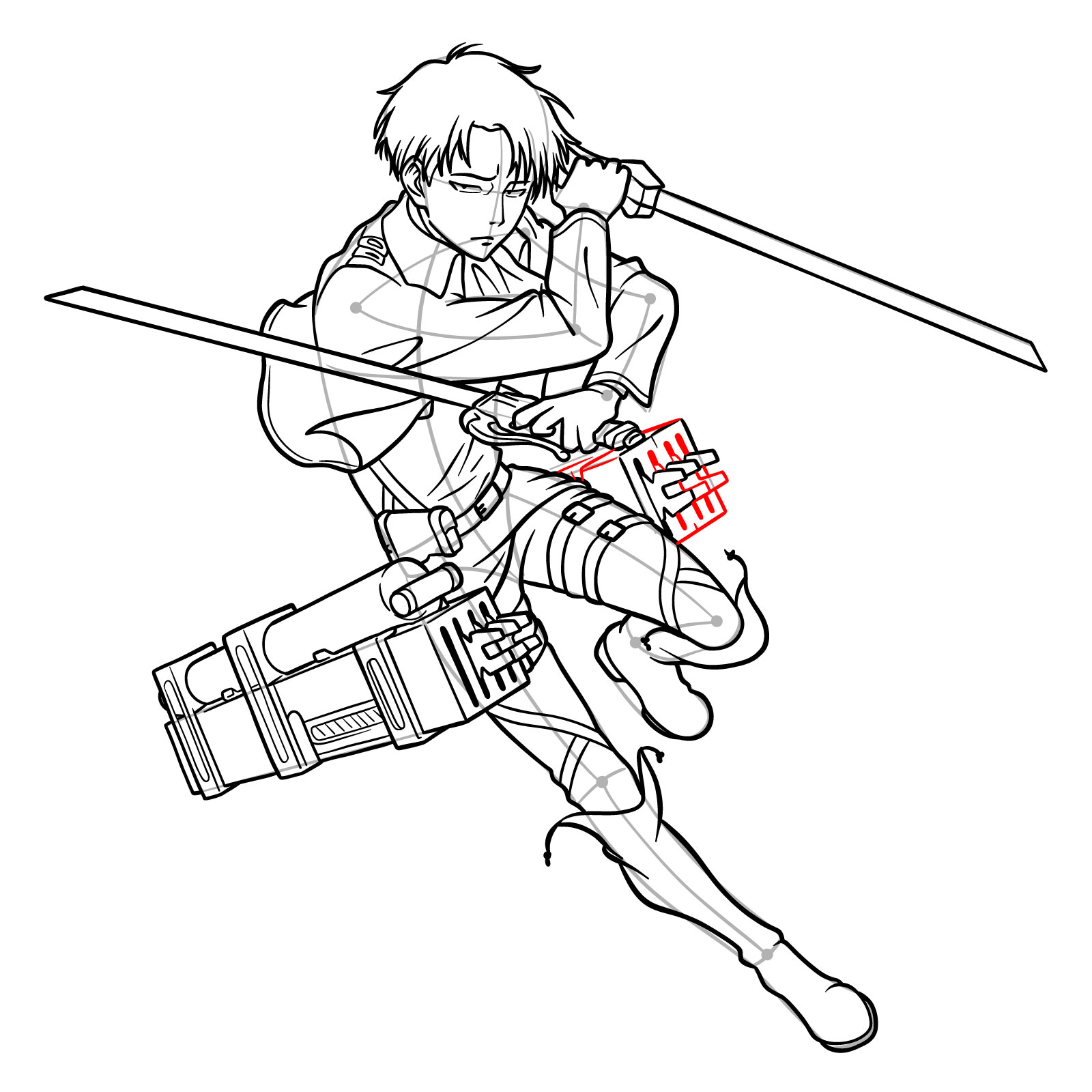 Sequential steps for drawing the second Omni-directional mobility gear on Levi Ackerman - step 33