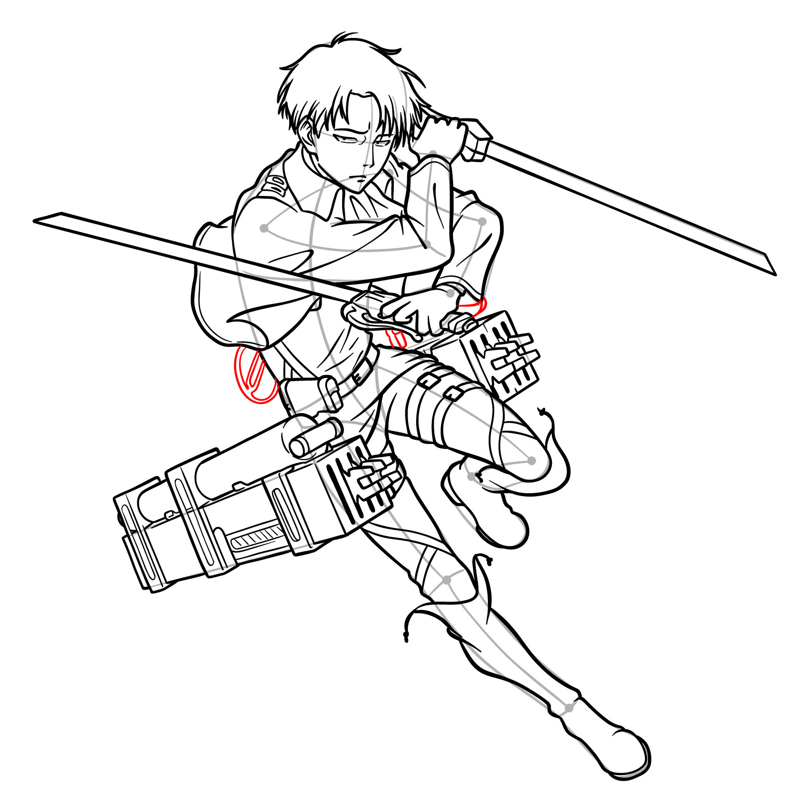 Sequential steps for drawing the second Omni-directional mobility gear on Levi Ackerman - step 34