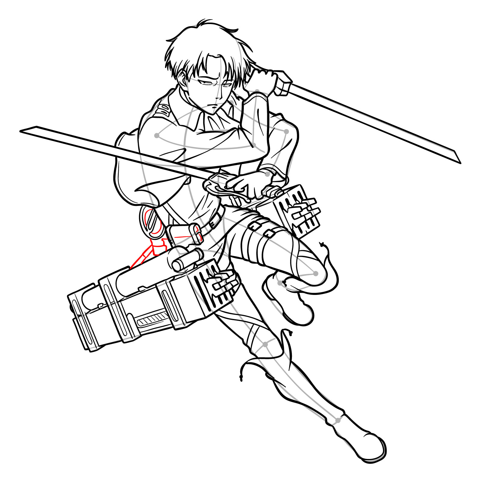 Sequential steps for drawing the second Omni-directional mobility gear on Levi Ackerman - step 35