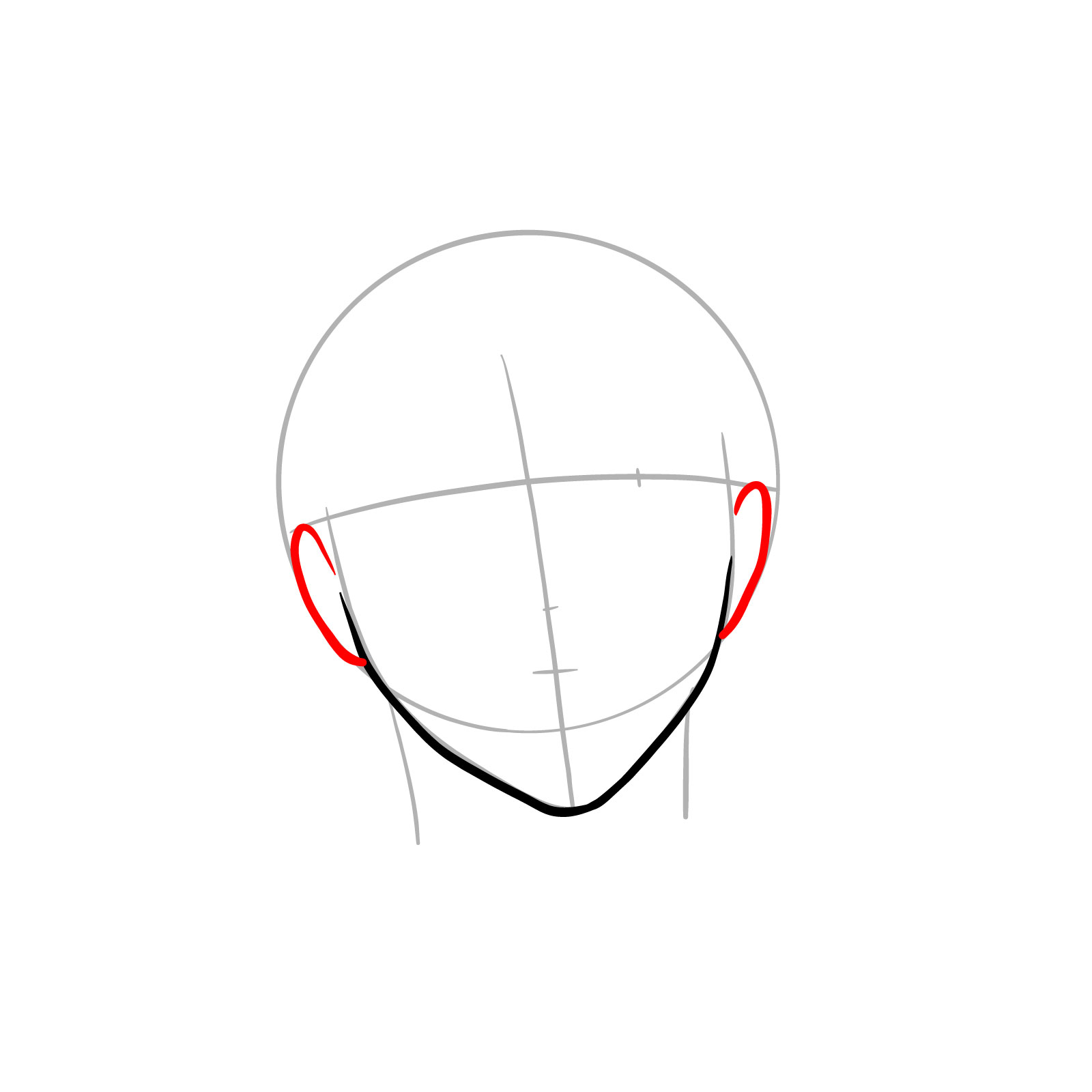 Drawing guide for Levi Ackerman's face focusing on the ears - step 04