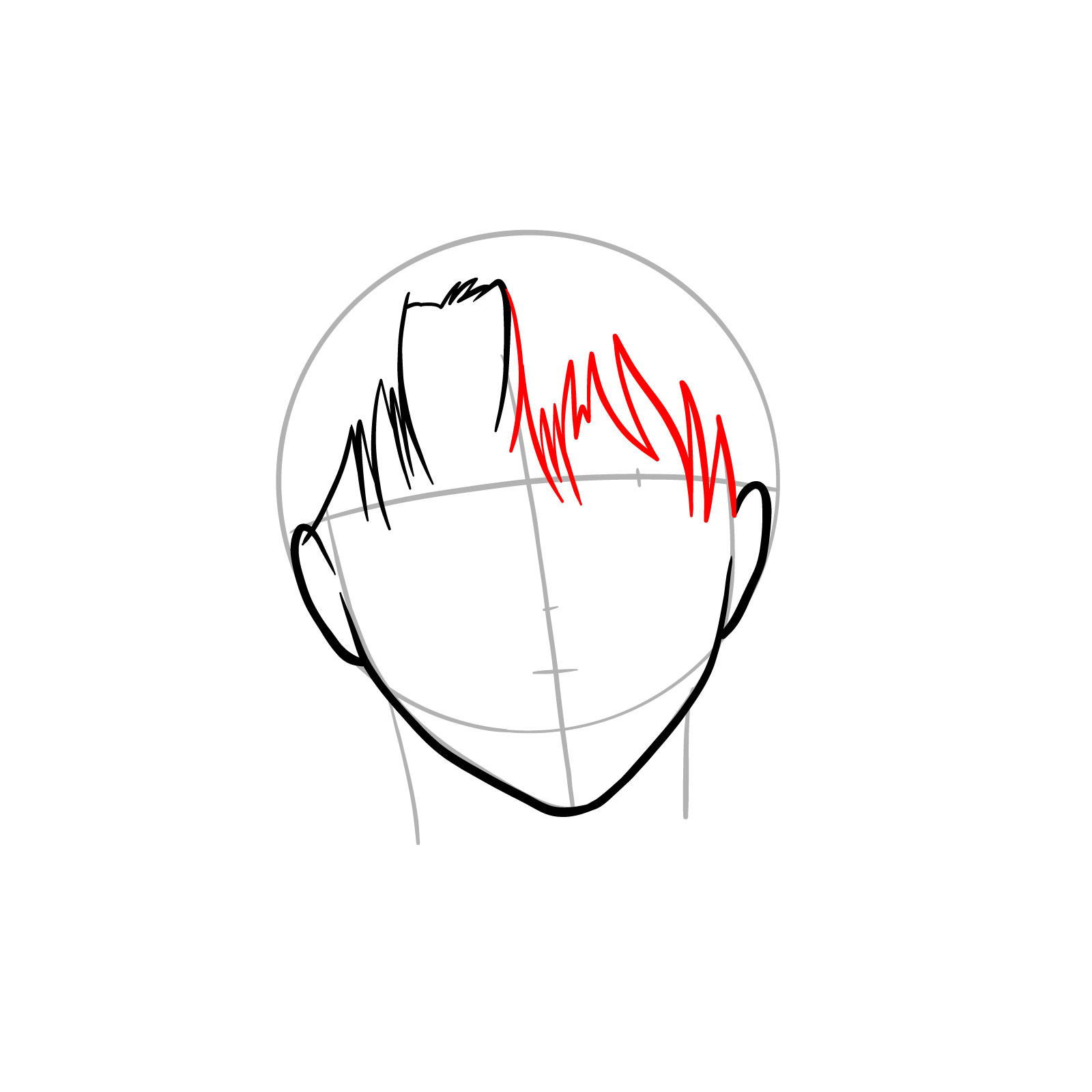 Levi's face drawing guide detailing the completion of his fringe - step 06