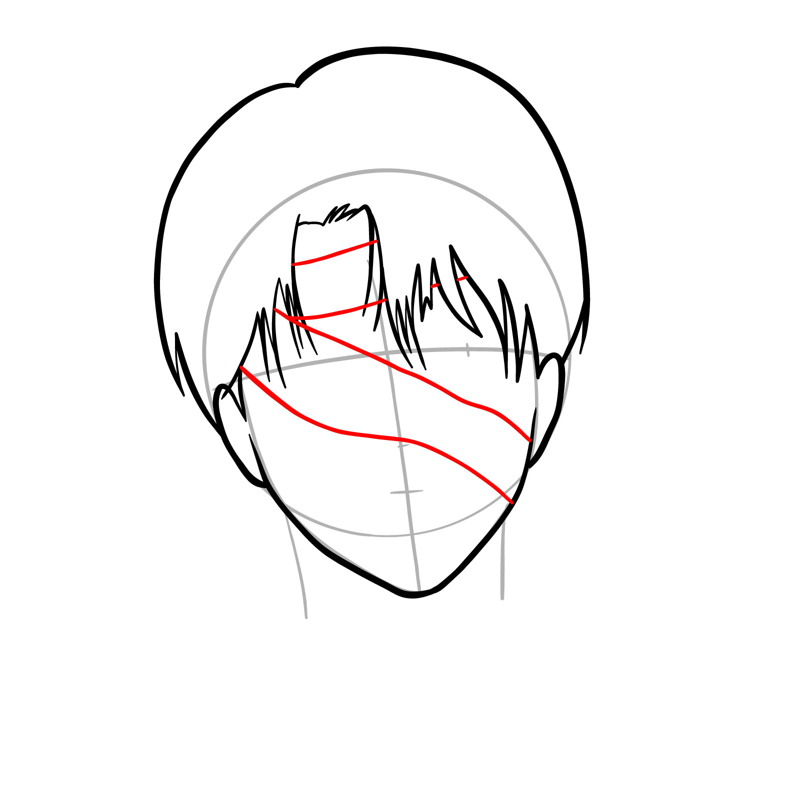 Step-by-step drawing of the first layer of bandages across Levi's face - step 08