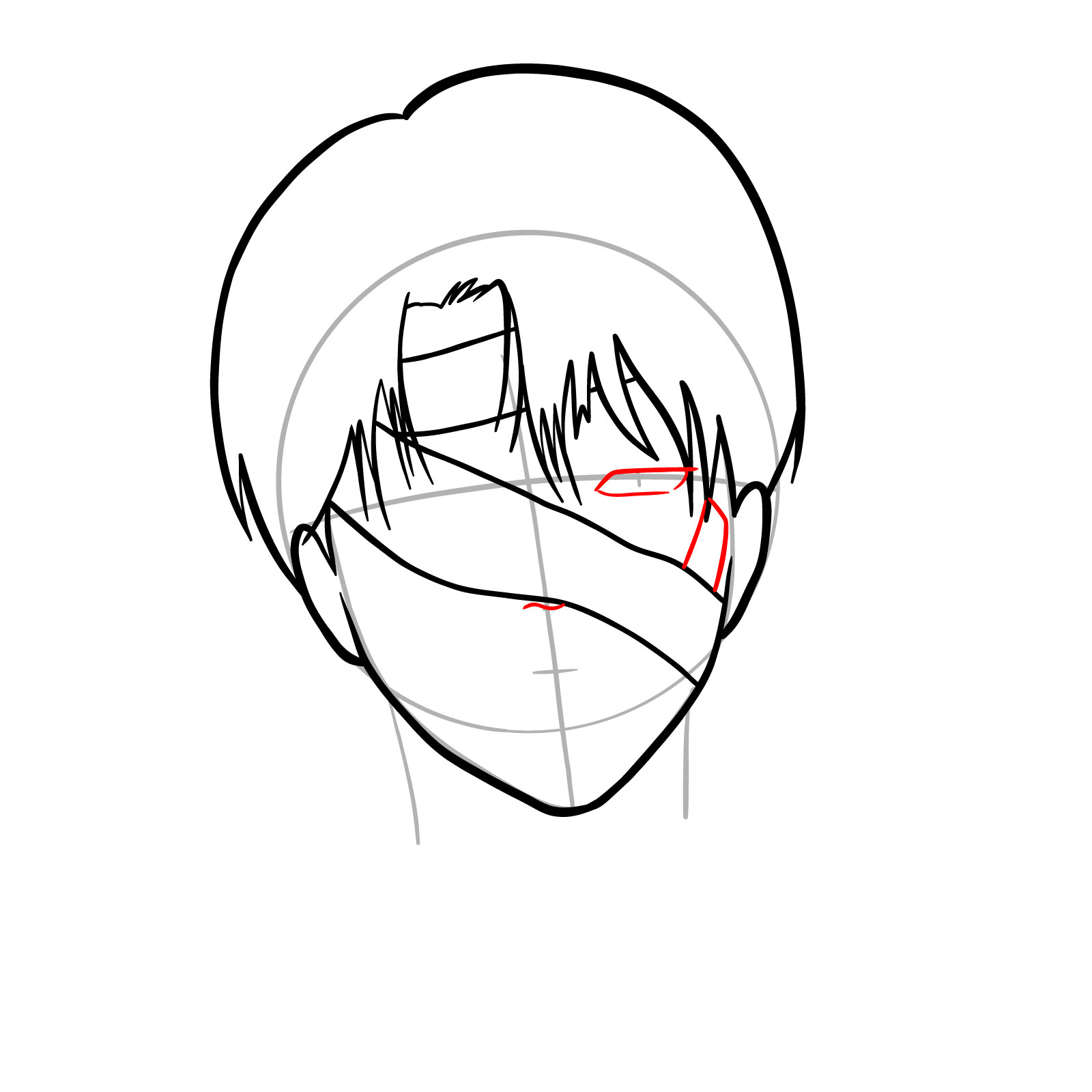 Levi Ackerman's face drawing guide showing the outline of the left eye and nose - step 09