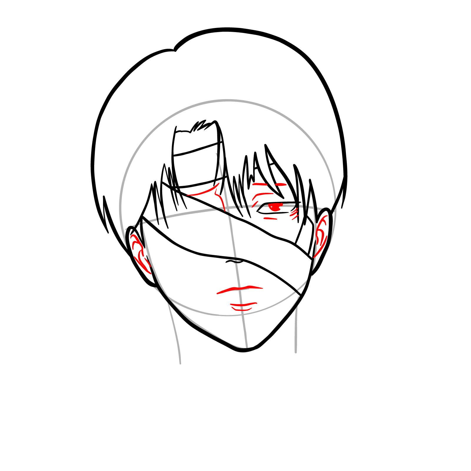 Detailed facial features of Captain Levi in a drawing guide - step 10