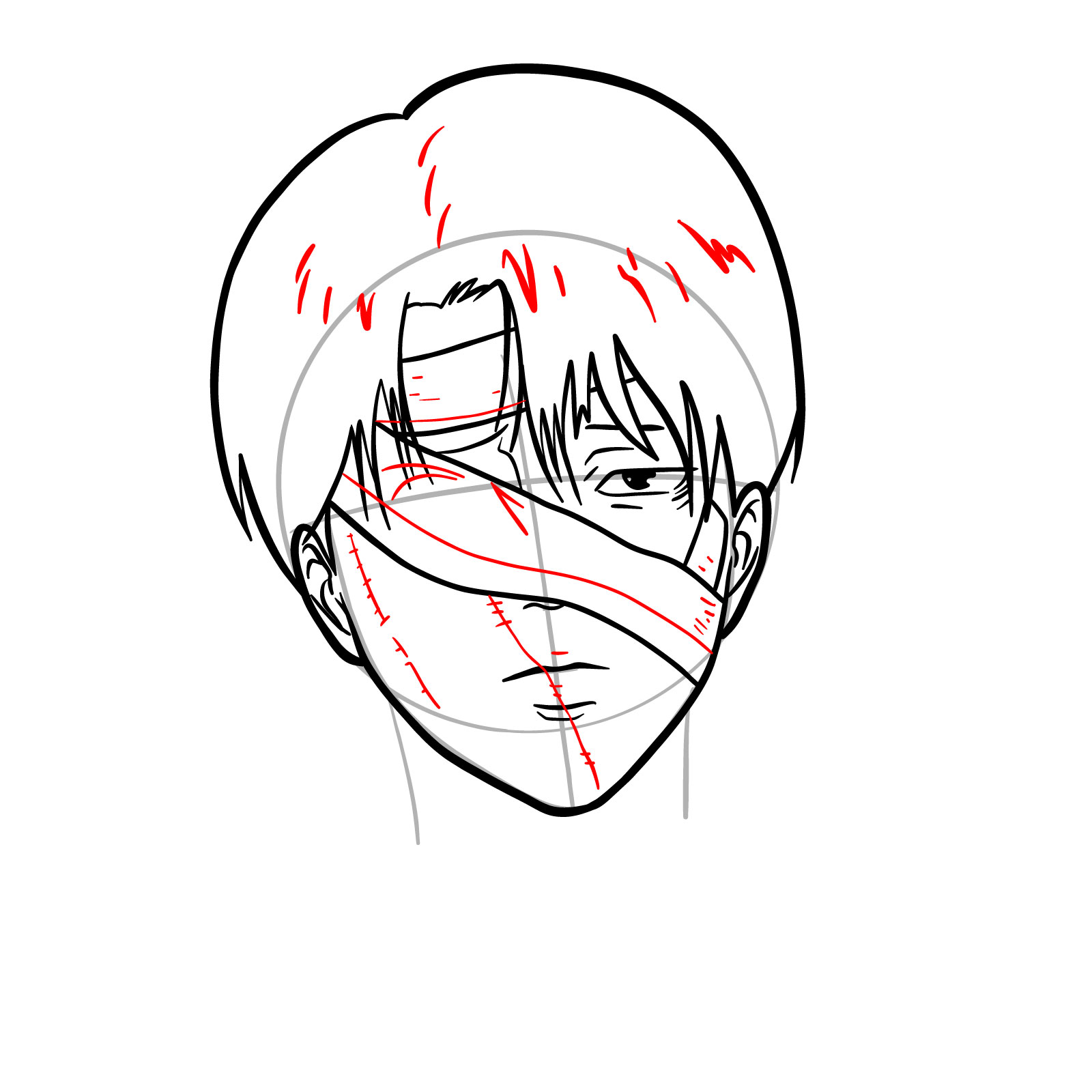 How to draw hair, scars, and bandage details on Levi's face from the epilogue episode - step 11