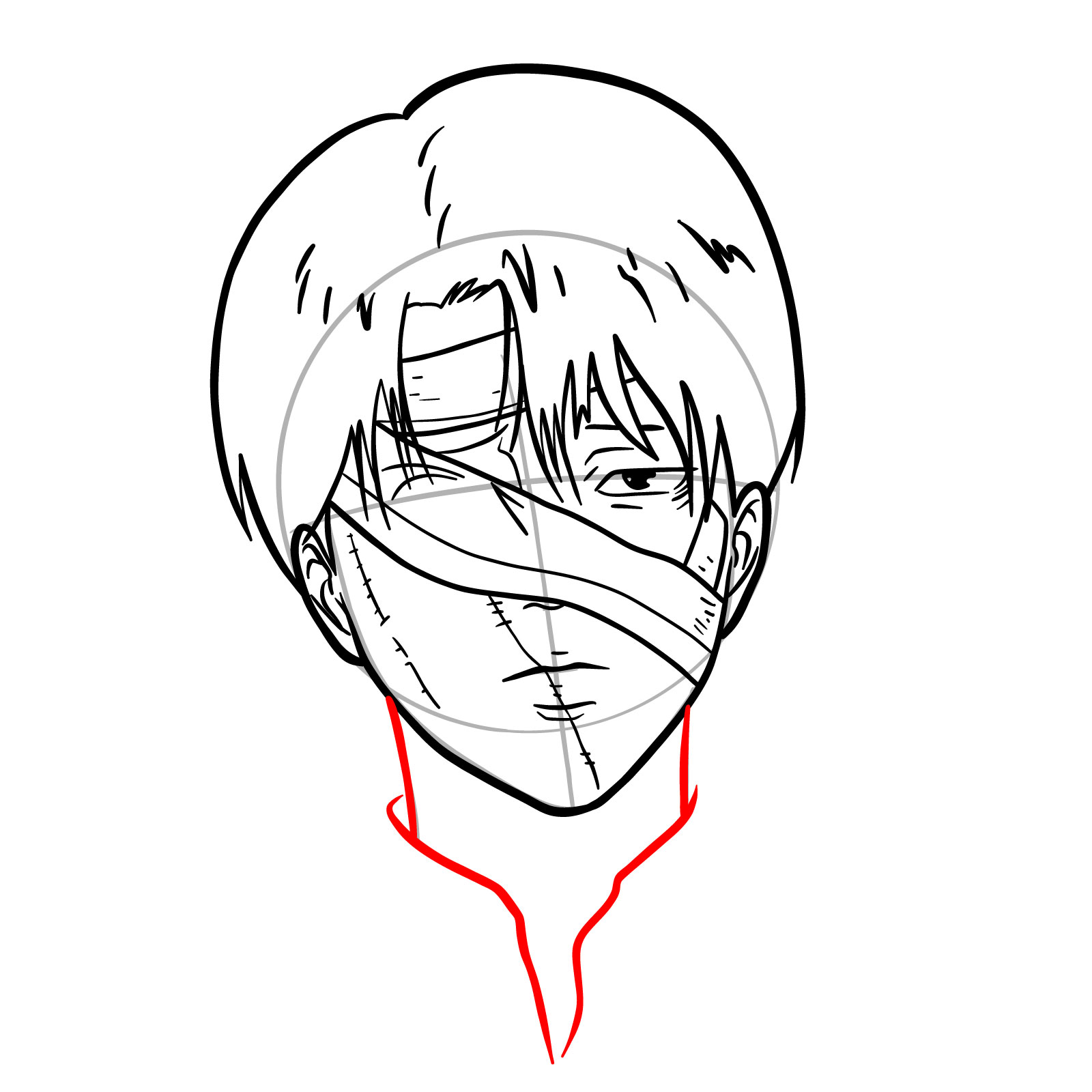 Drawing guide for Levi Ackerman's neck and collar start - step 12
