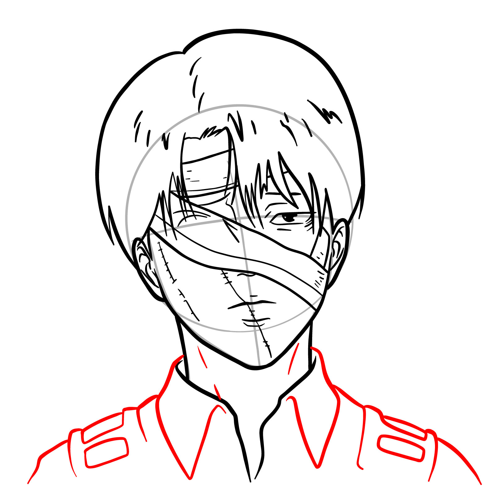 Step-by-step guide to drawing Levi's collar and shoulders from Attack on Titan - step 13