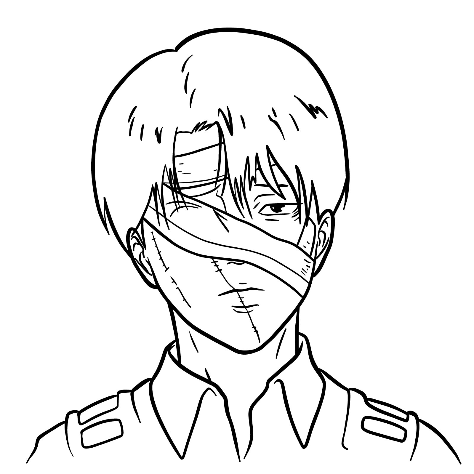 Easy drawing of the face of Levi with scars and bandages after the epilogue battle