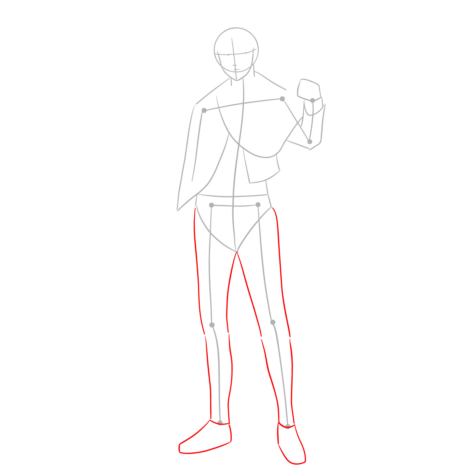 Levi full body drawing guide showing initial stick figure and basic body structure - step 03