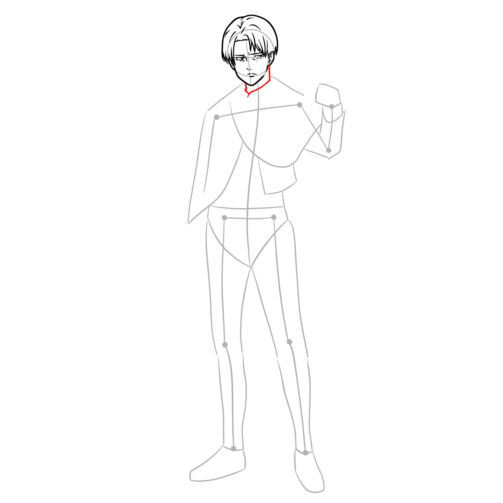 Step-by-step drawing of Captain Levi's neck and cloak, with the addition of a forearm sleeve detail - step 08