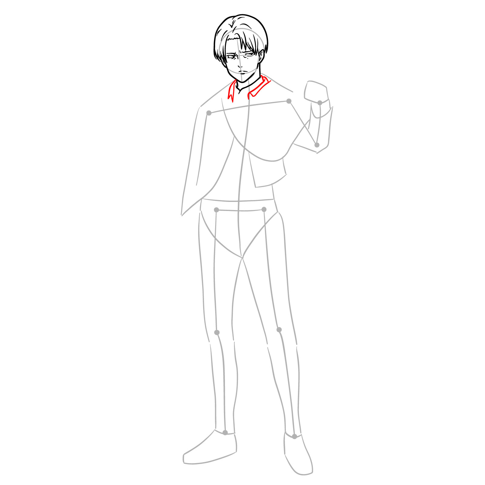 Step-by-step drawing of Captain Levi's neck and cloak, with the addition of a forearm sleeve detail - step 09