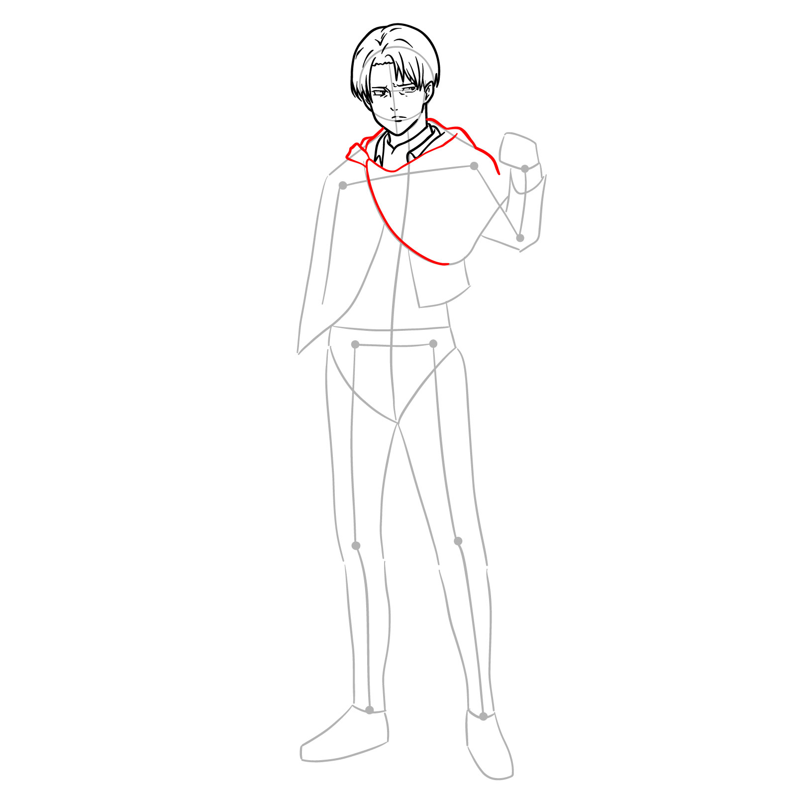 Step-by-step drawing of Captain Levi's neck and cloak, with the addition of a forearm sleeve detail - step 10