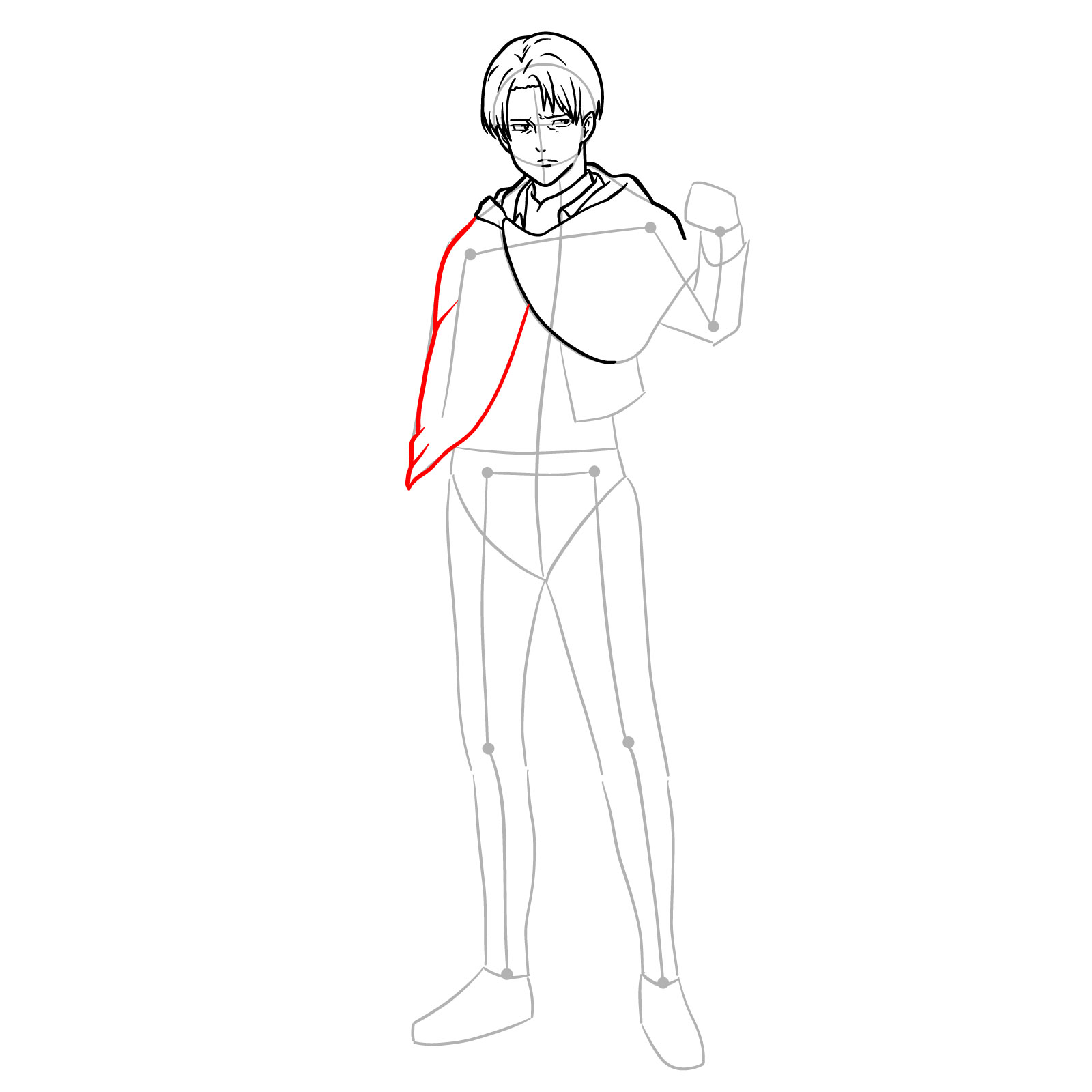 Step-by-step drawing of Captain Levi's neck and cloak, with the addition of a forearm sleeve detail - step 11