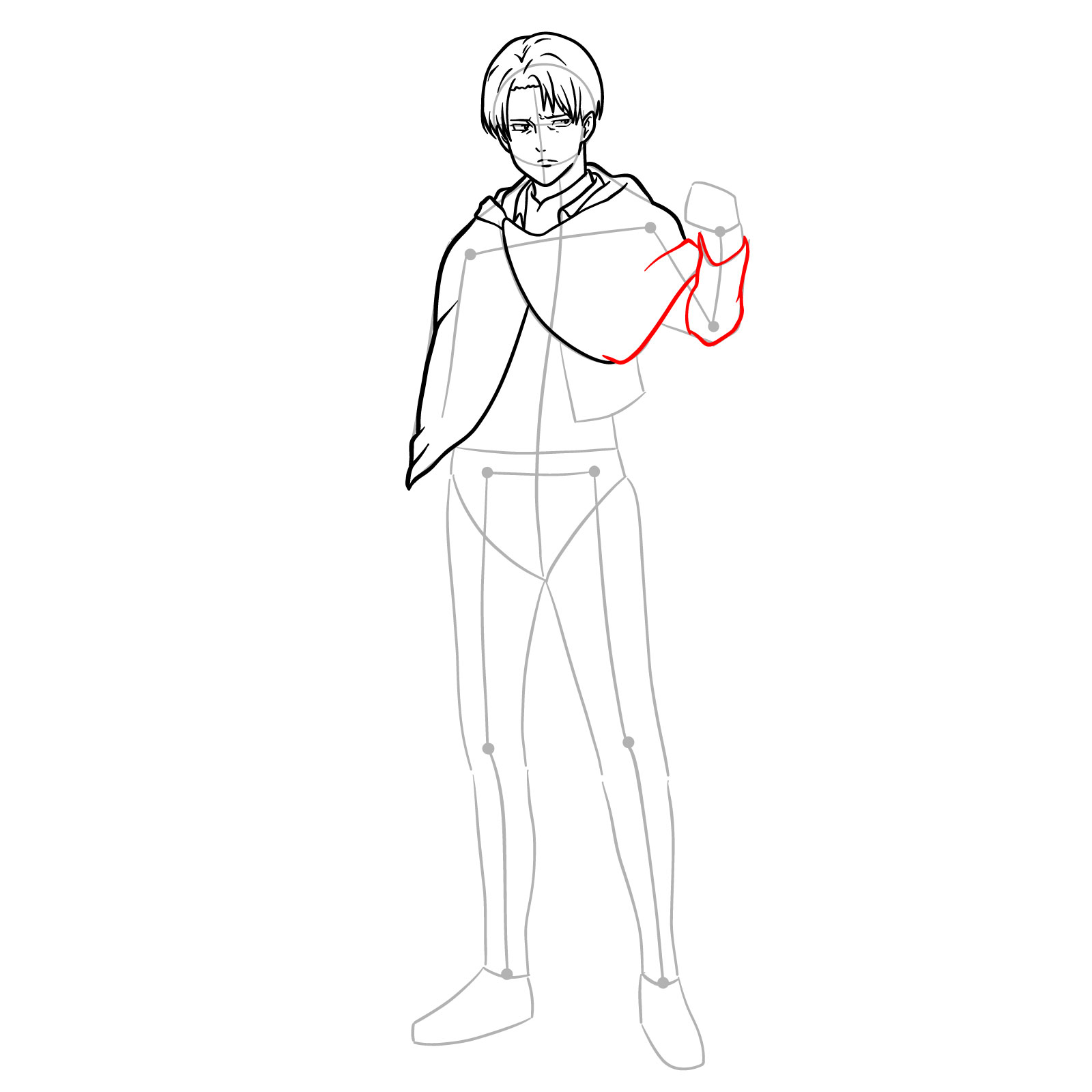 Step-by-step drawing of Captain Levi's neck and cloak, with the addition of a forearm sleeve detail - step 12