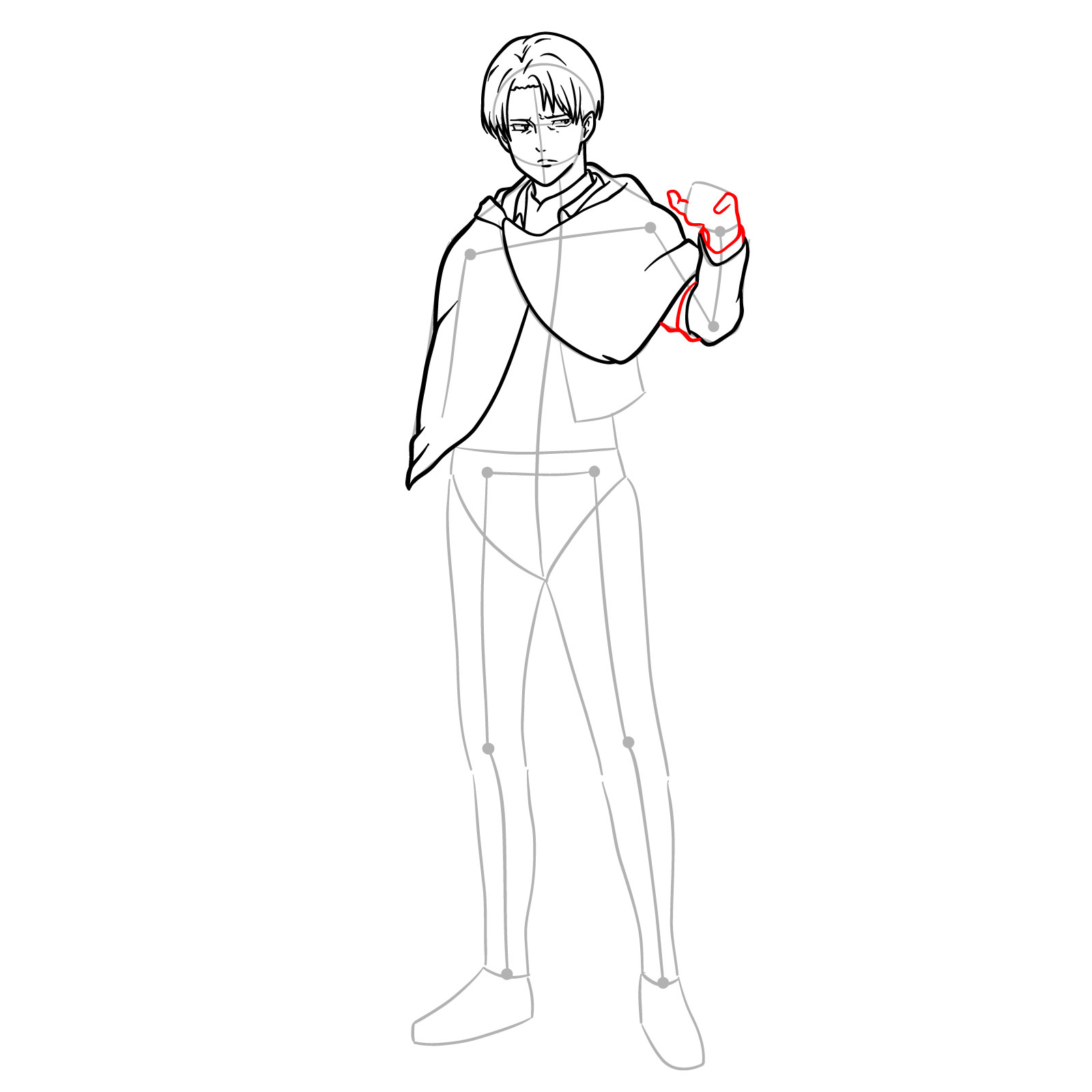 Detailed illustration of Captain Levi's left sleeve and hand in a full-body drawing guide - step 13