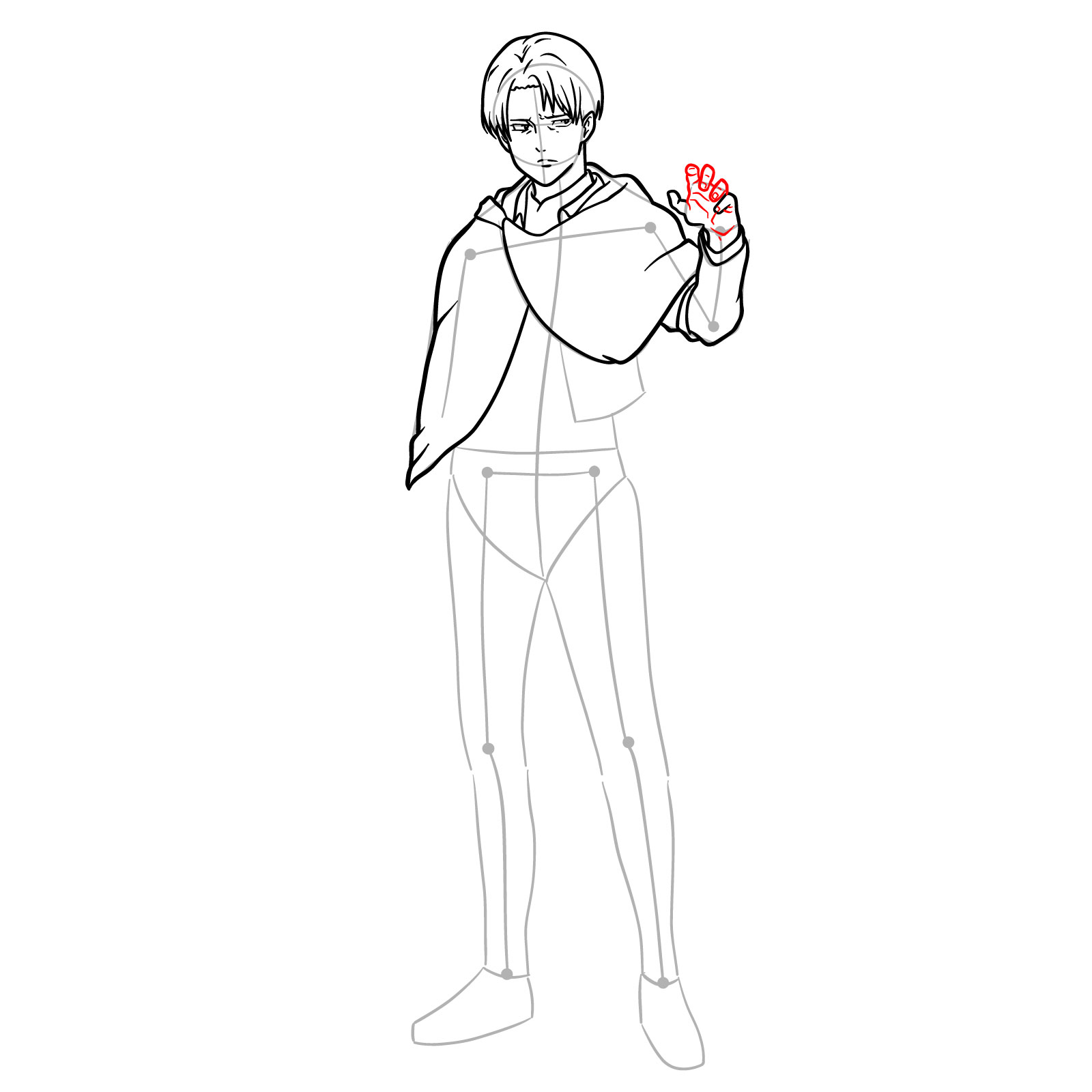 Detailed illustration of Captain Levi's left sleeve and hand in a full-body drawing guide - step 14
