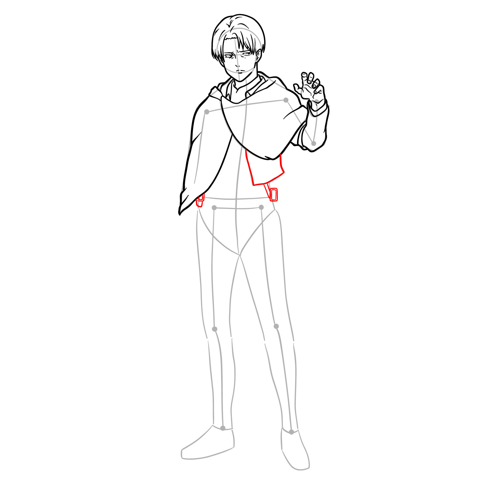 How to draw Captain Levi's jacket and utility belt details in a step-by-step full body drawing guide - step 15