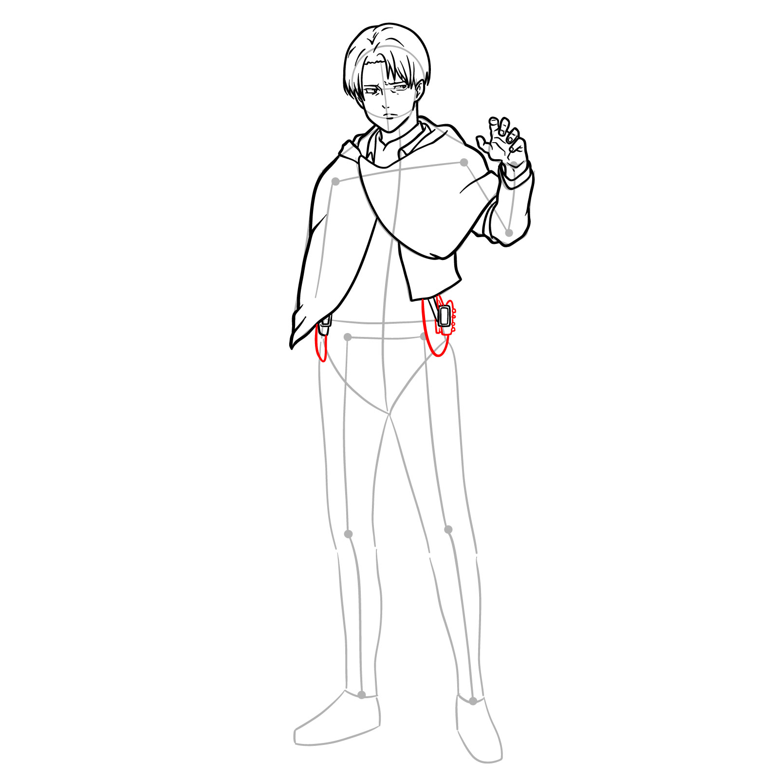 How to draw Captain Levi's jacket and utility belt details in a step-by-step full body drawing guide - step 16